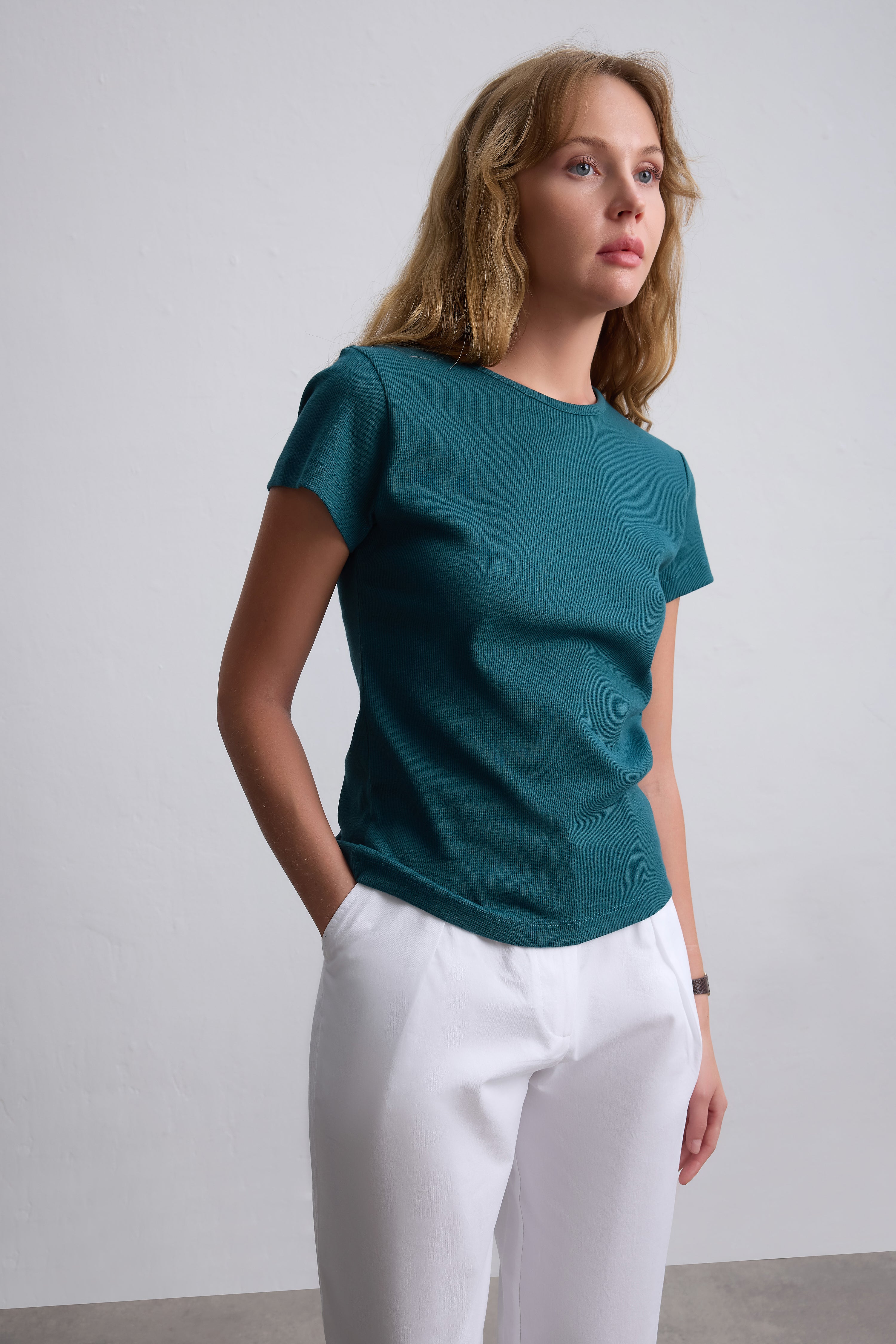 FİTİLLİ KISA KOLLU PAMUK T-SHIRT PETROL MAVİ
