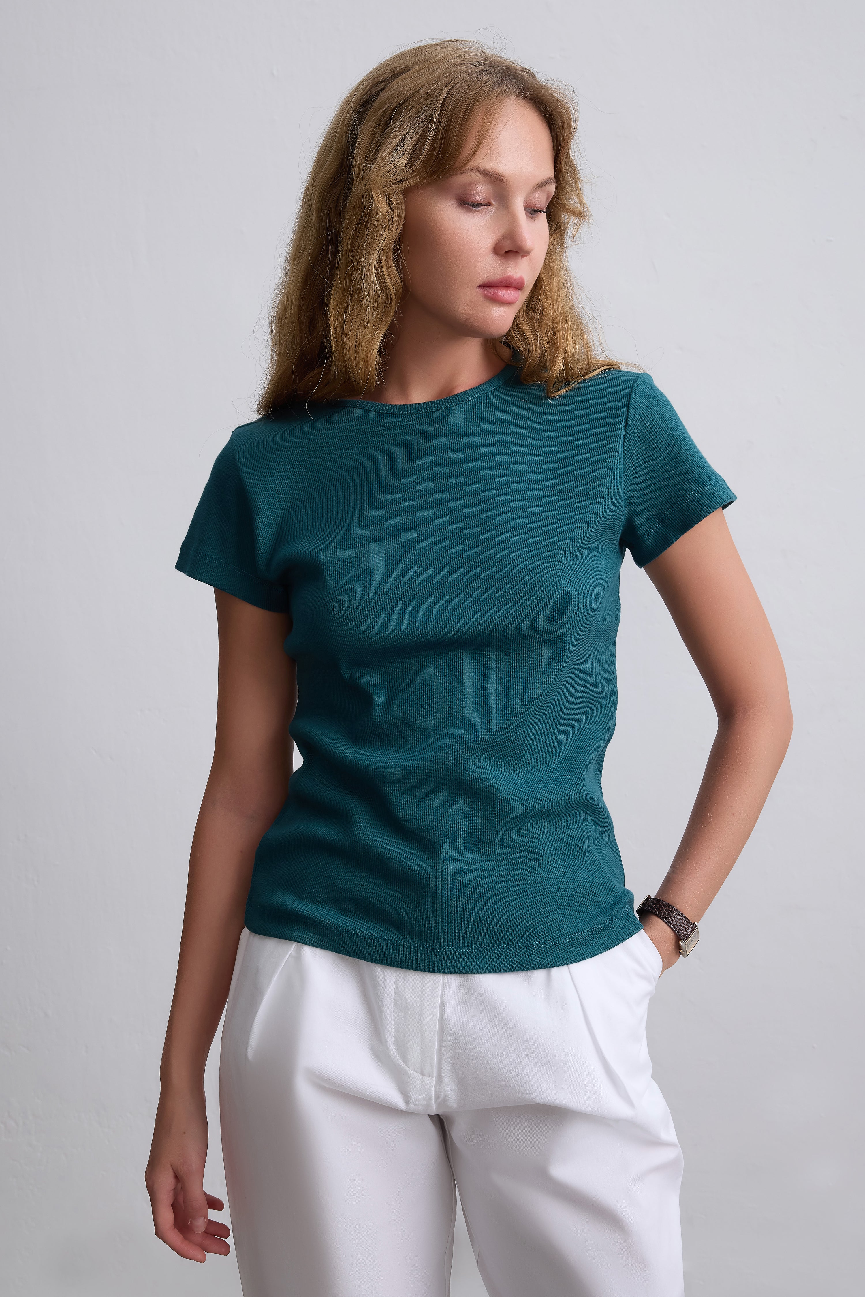 FİTİLLİ KISA KOLLU PAMUK T-SHIRT PETROL MAVİ