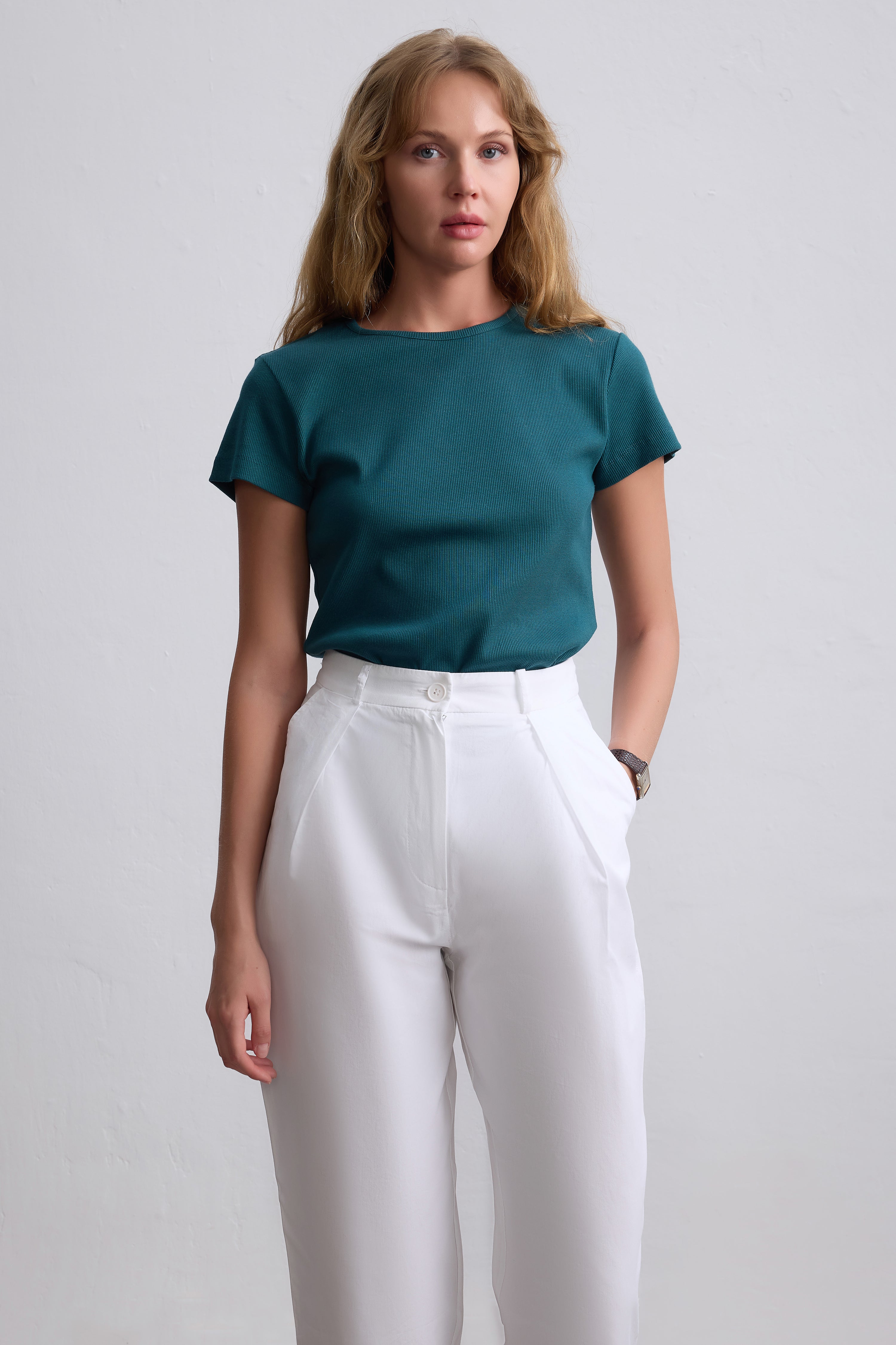 FİTİLLİ KISA KOLLU PAMUK T-SHIRT PETROL MAVİ