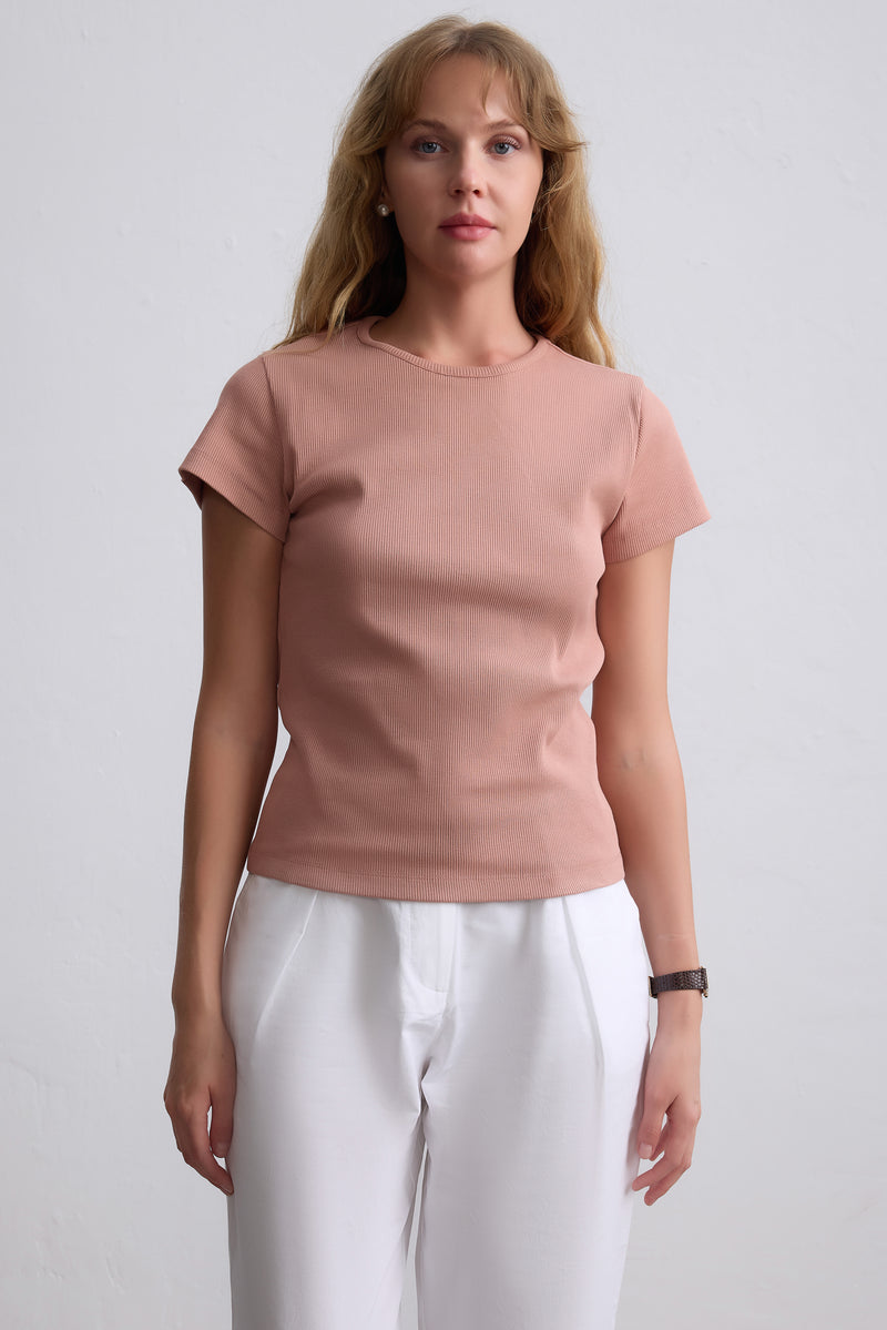 FITILLI KISA KOLLU PAMUK T-SHIRT ROSE