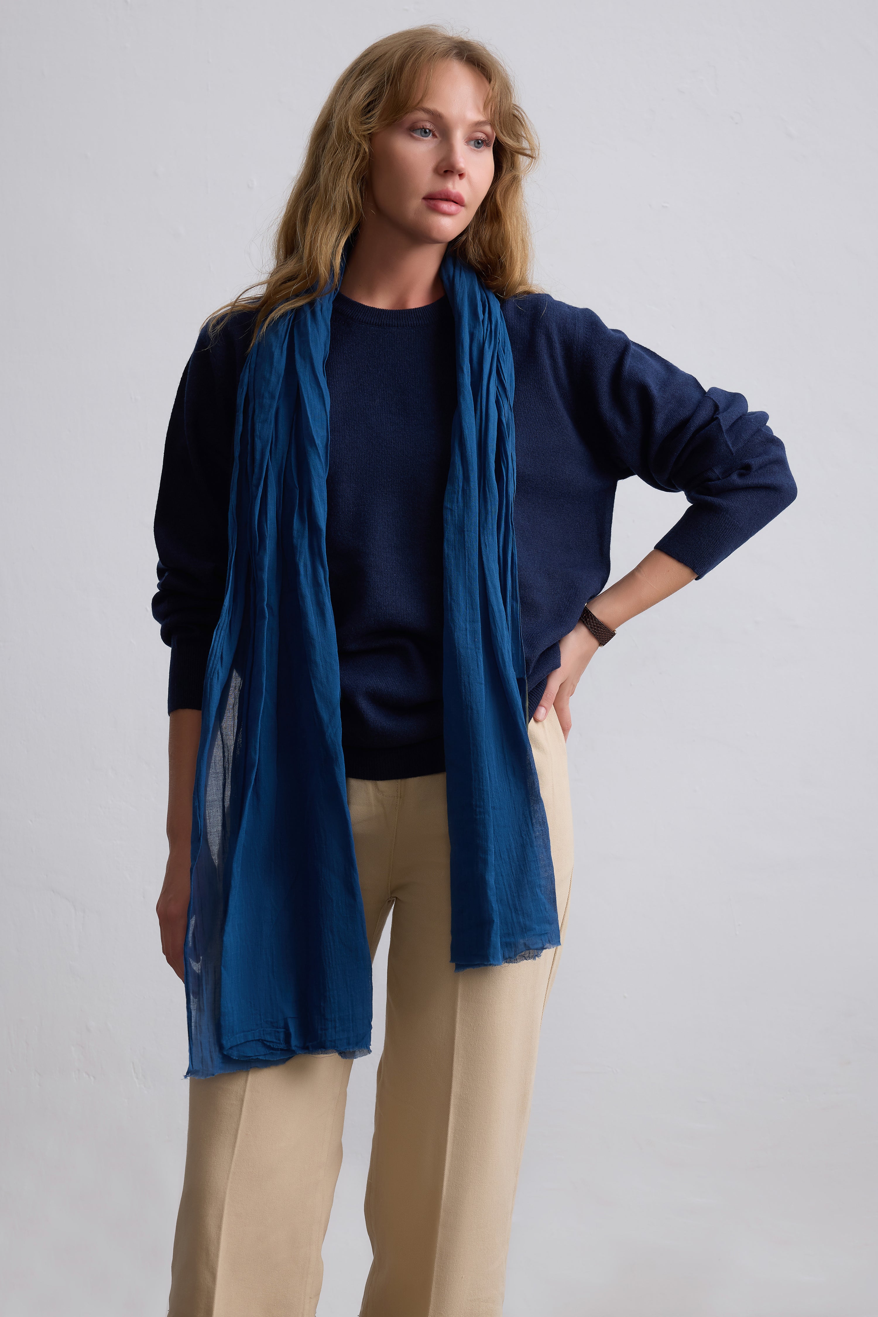 Indigo Denim Blue Organik Pamuk Handmade Şal