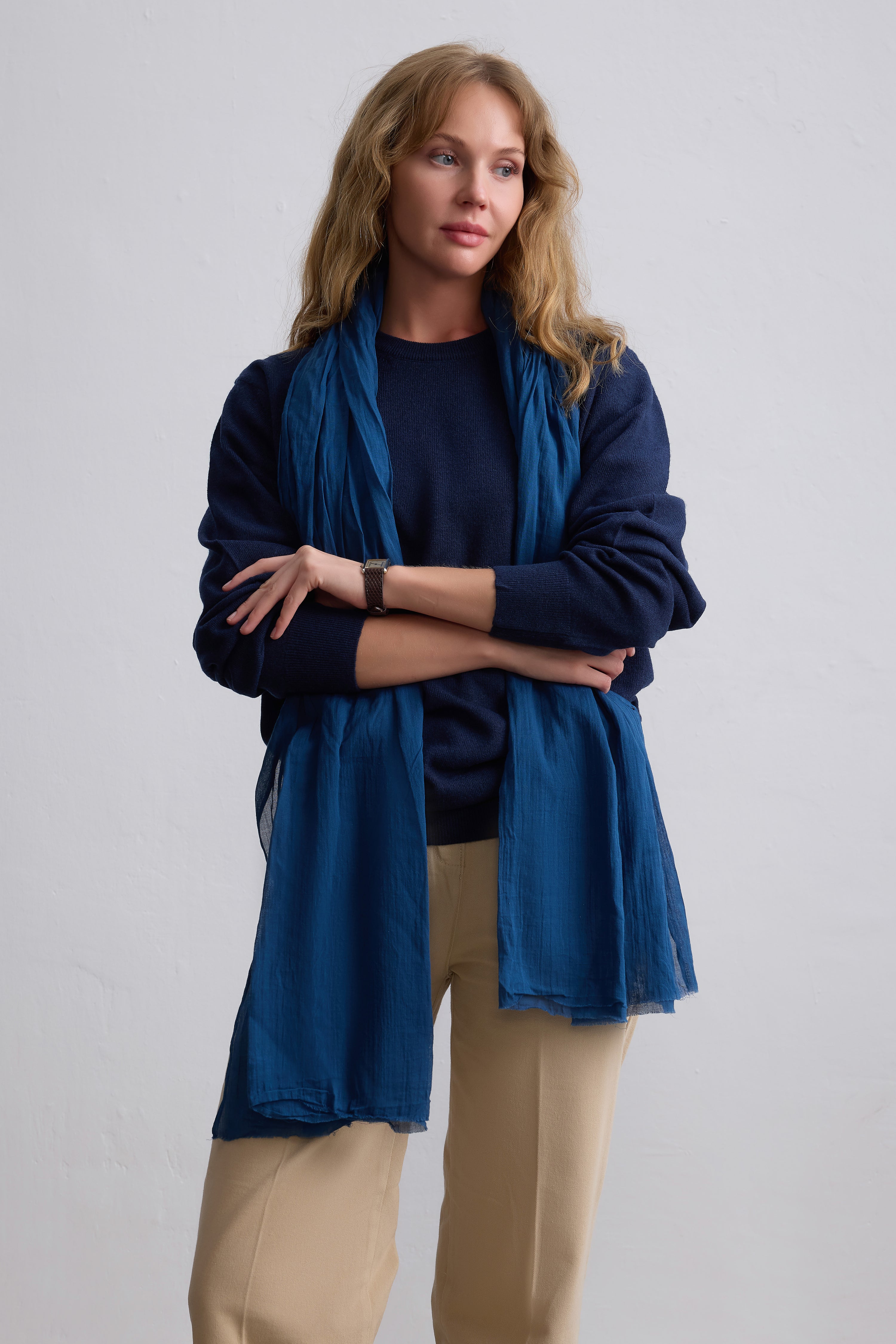 Indigo Denim Blue Organik Pamuk Handmade Şal