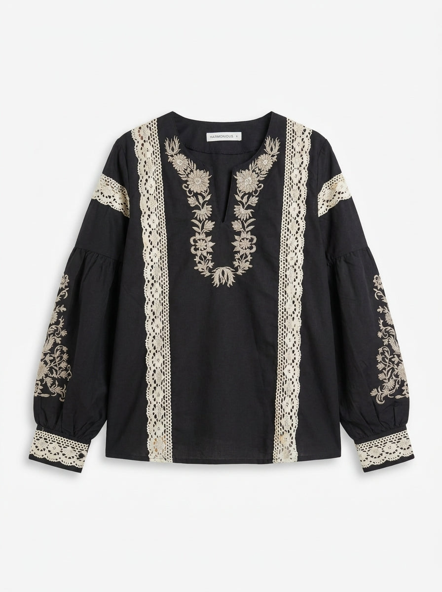 ODETTE NAKIŞLI COTTON BLUZ SIYAH