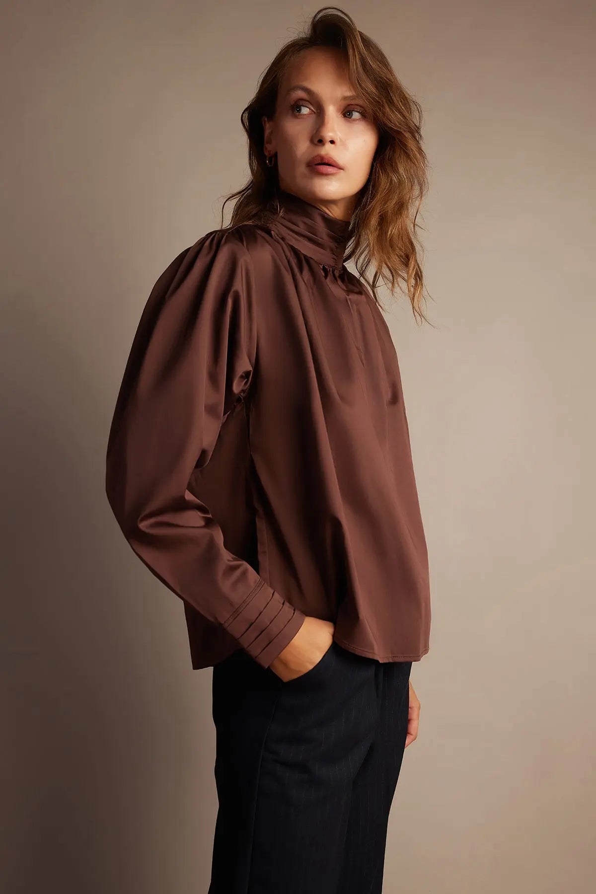 SALOME İPEK PAMUK PARLAK BLUZ - CHOCOLATE HARMONIOUS