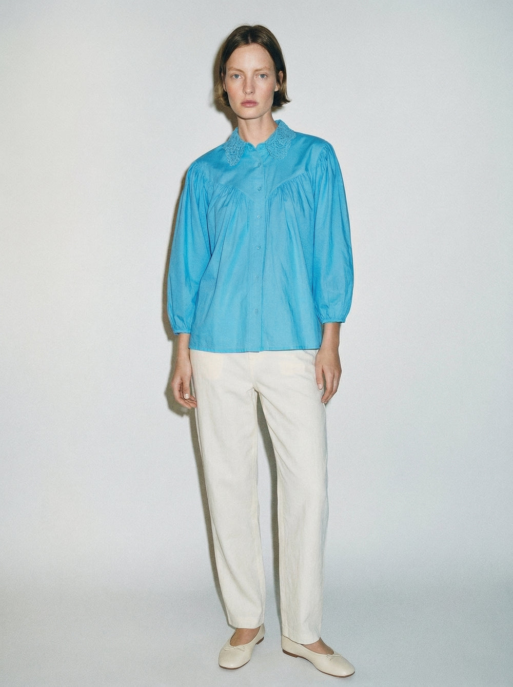 MARGARET DANTEL DETAYLI GOMLEK MAVI