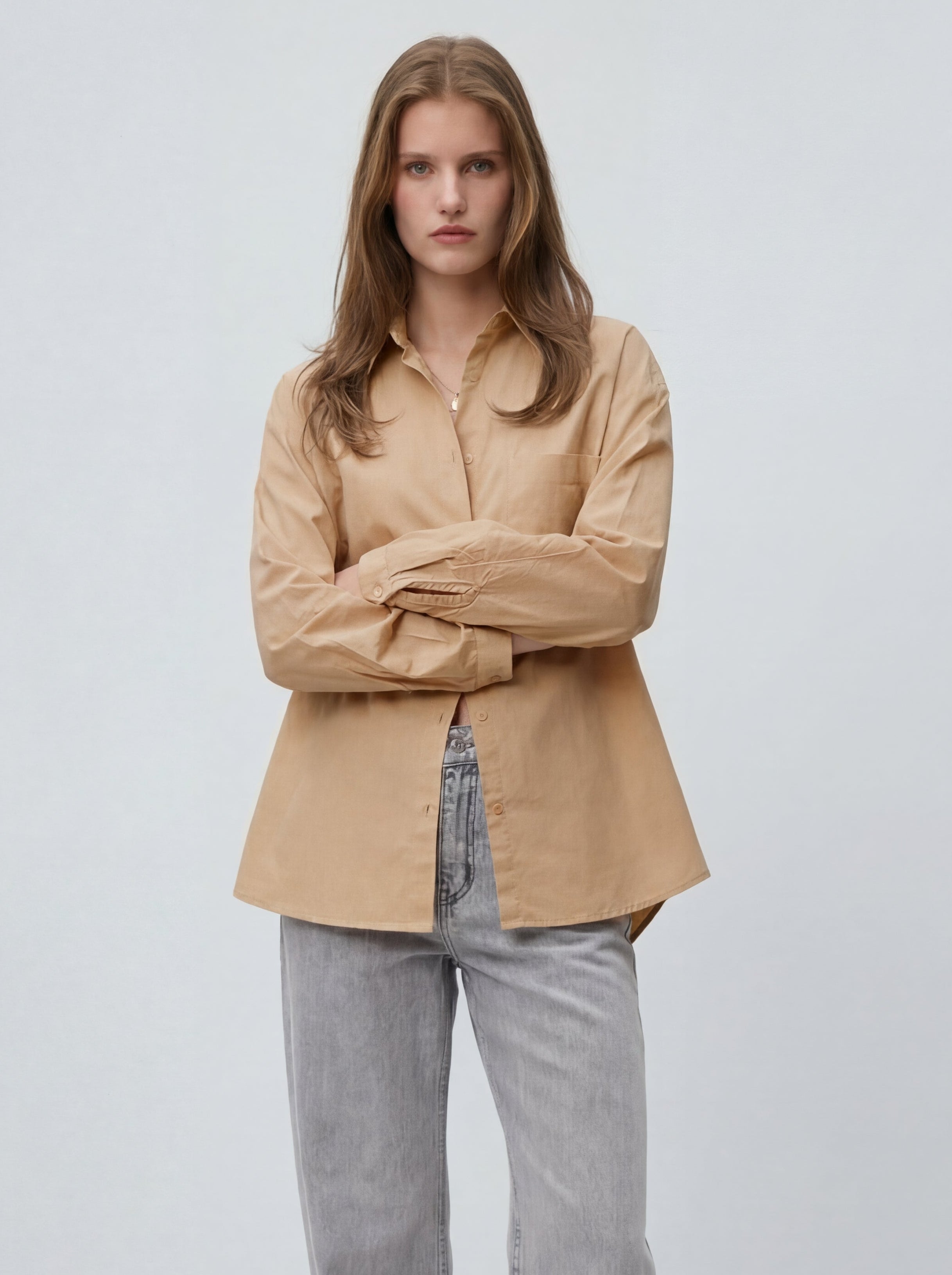 KLASIK YAKA OVERSIZE CEPLI GOMLEK BEJ