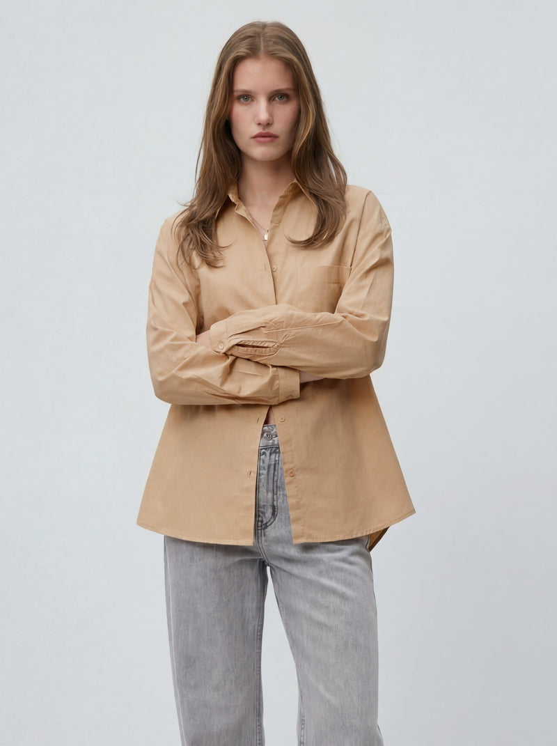 KLASIK YAKA OVERSIZE CEPLI GOMLEK BEJ