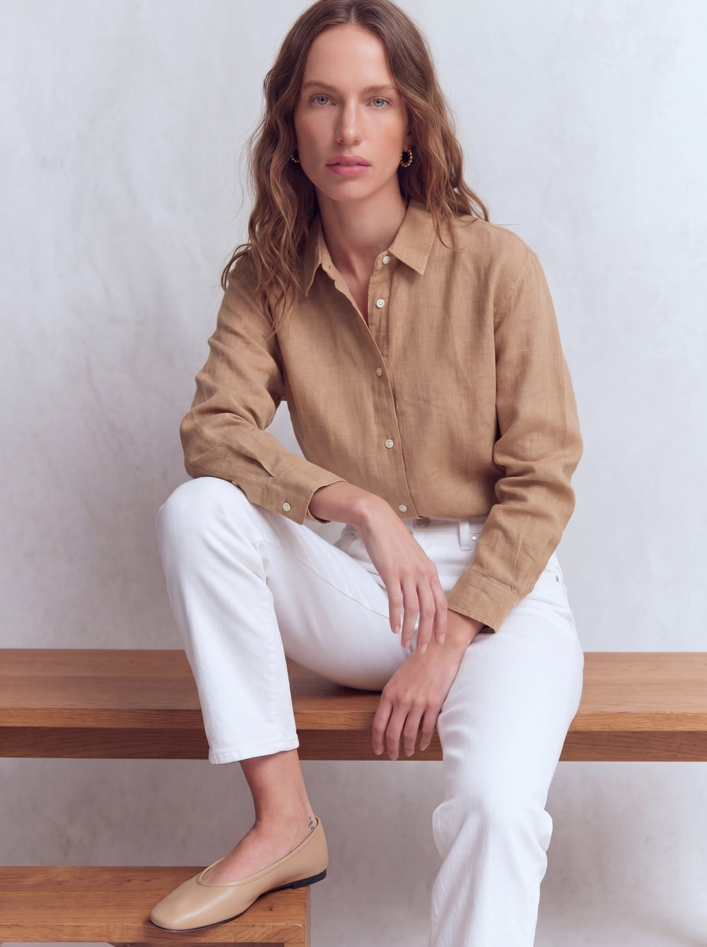 DOKUMLU %100 YIKANMIS KETEN GOMLEK CAMEL