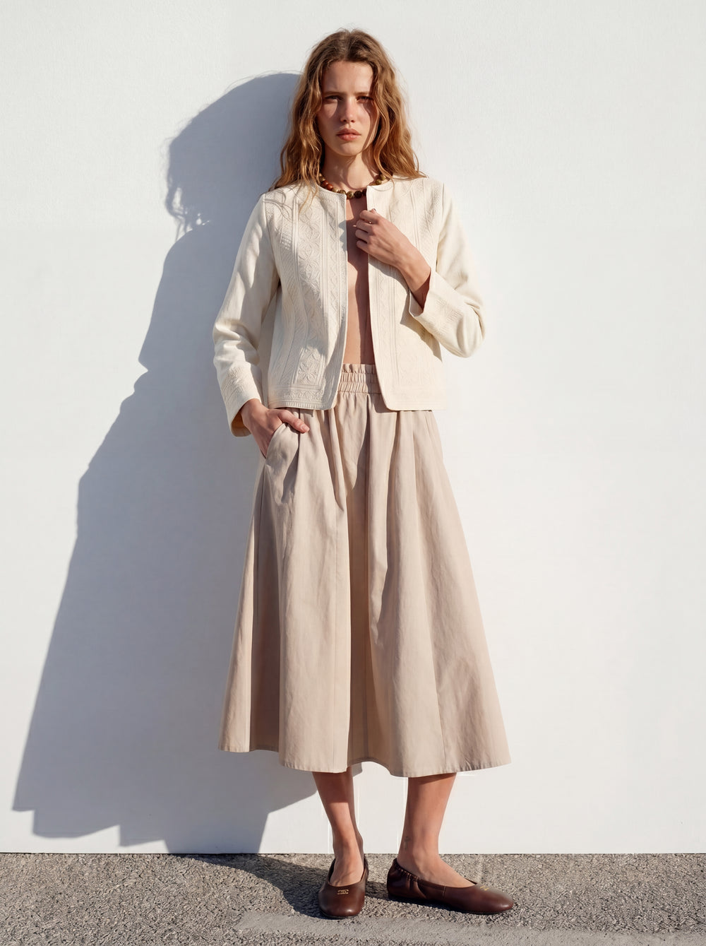 ELASTİK BEL BANTLI MIDI ETEK TAŞ RENGİ