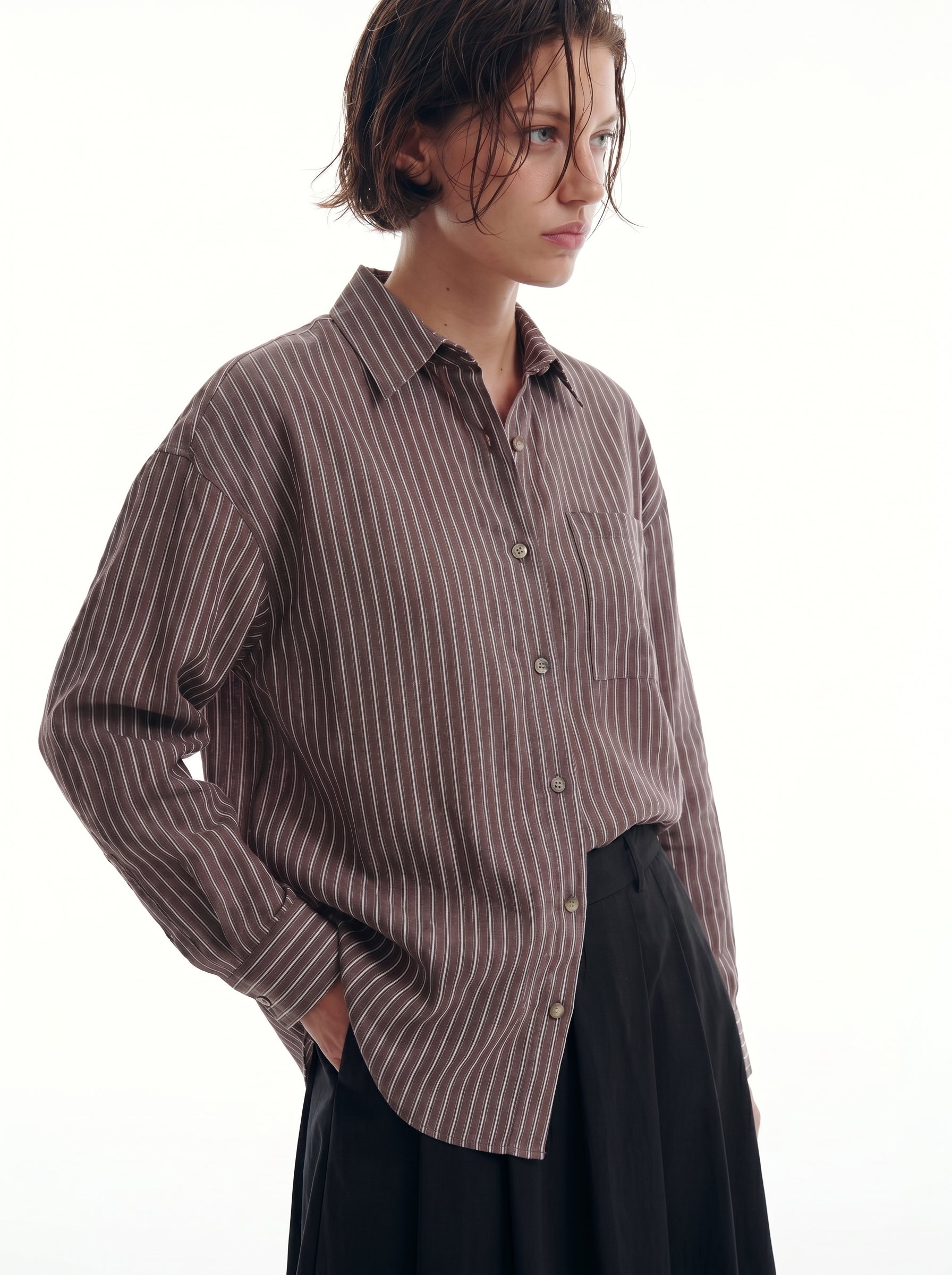 DOKUMLU CIZGILI TENCEL GOMLEK KAHVE