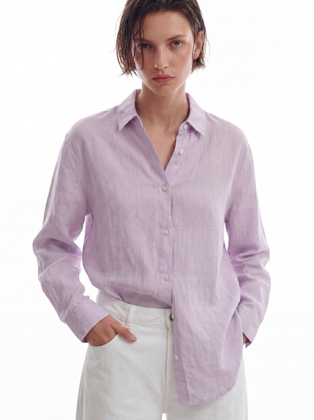 DOKUMLU %100 YIKANMIS KETEN GOMLEK LILA