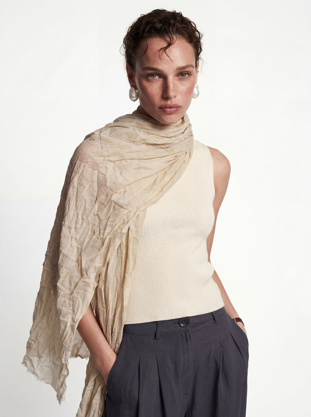 VINTAGE BEIGE ORGANIK PAMUK EL BOYAMA SAL