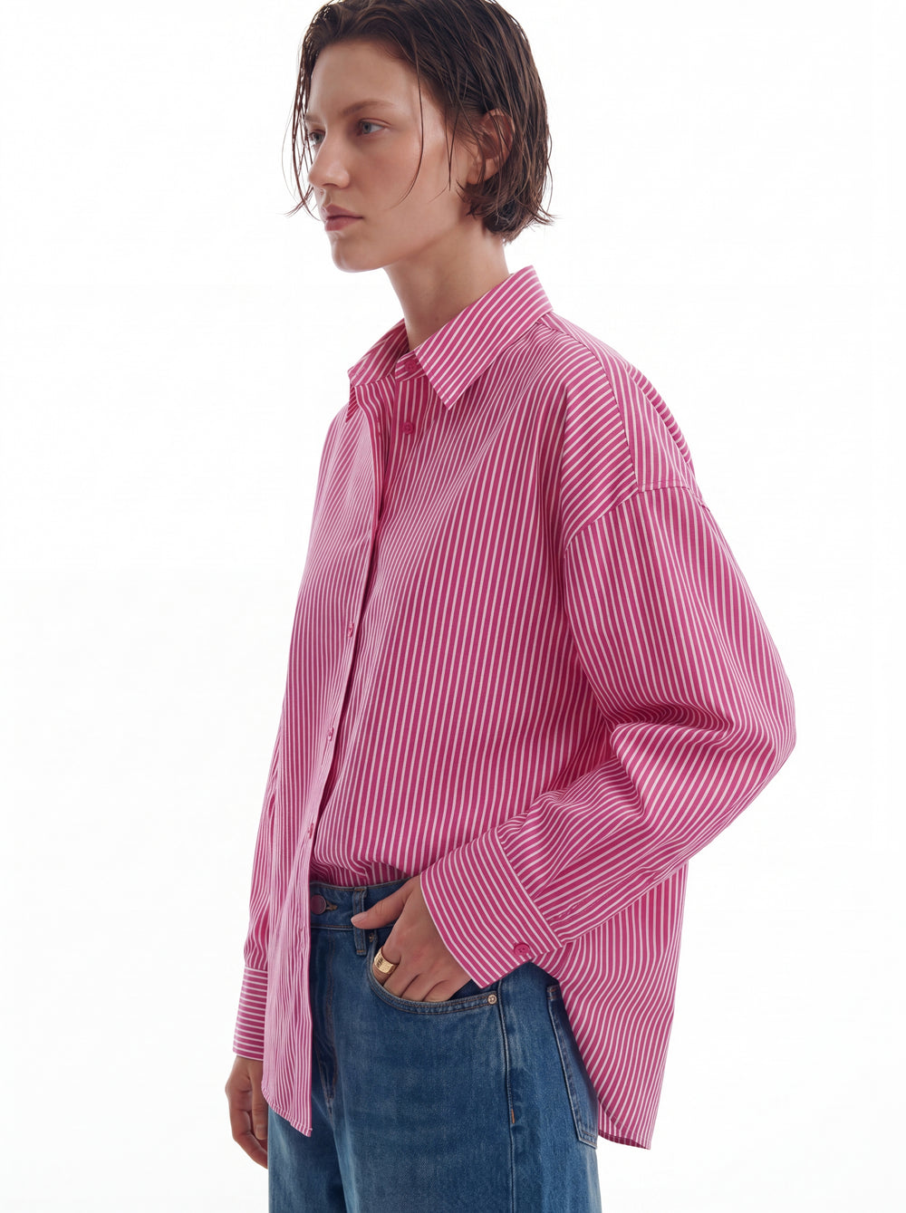 KLASIK YAKA OVERSIZE CIZGILI POPLIN GOMLEK FUSYA