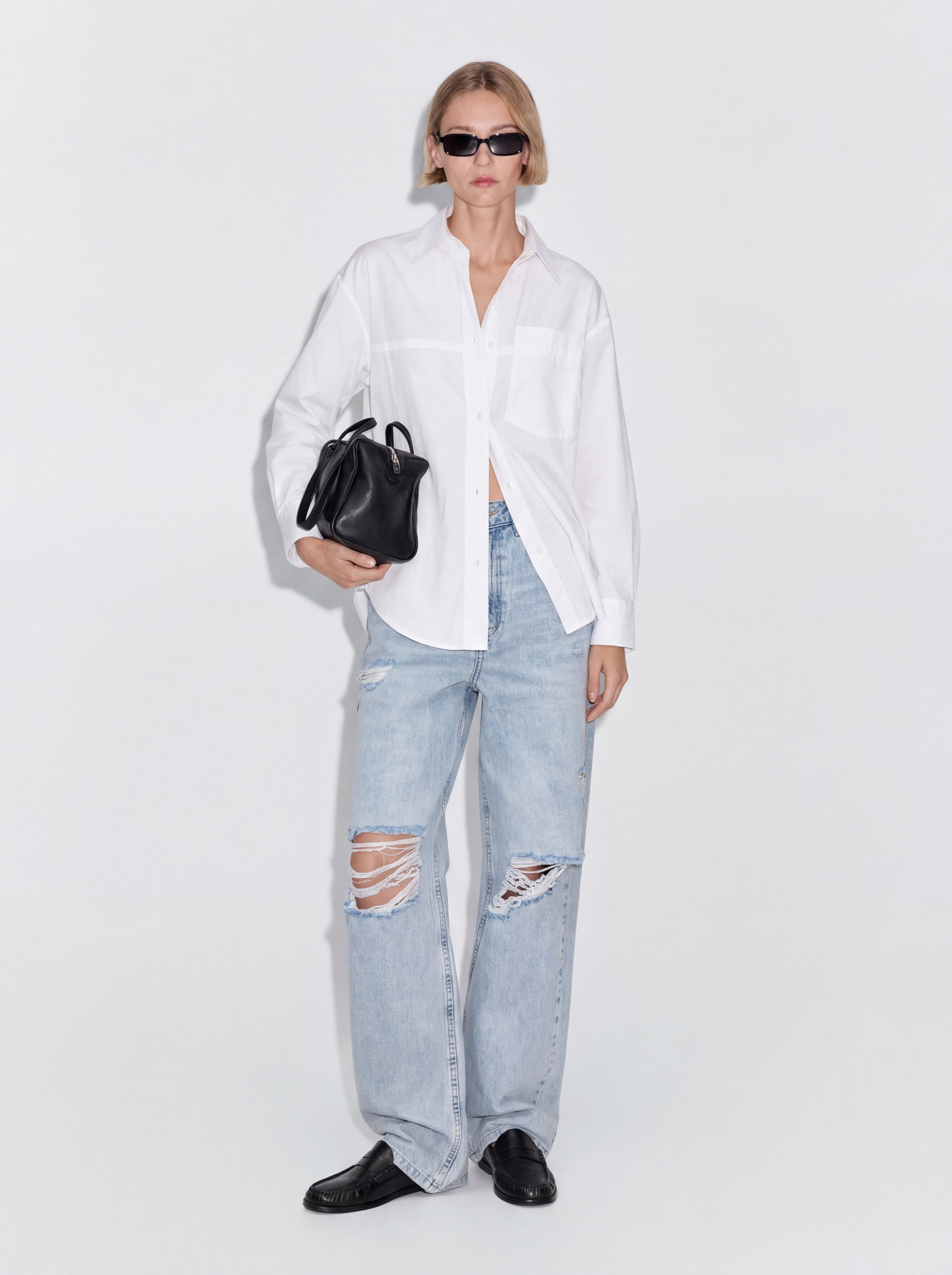 STRAIGHT FIT HIGH WAIST WIDE LEG RIPPED JEANS