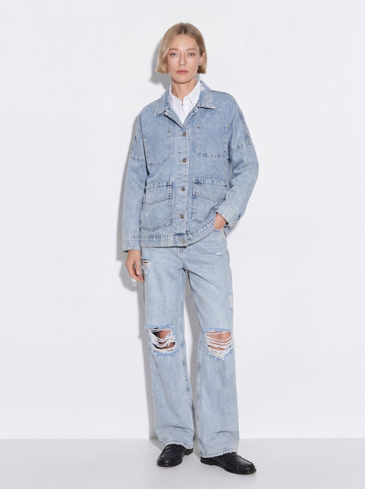 STRAIGHT FIT HIGH WAIST WIDE LEG RIPPED JEANS