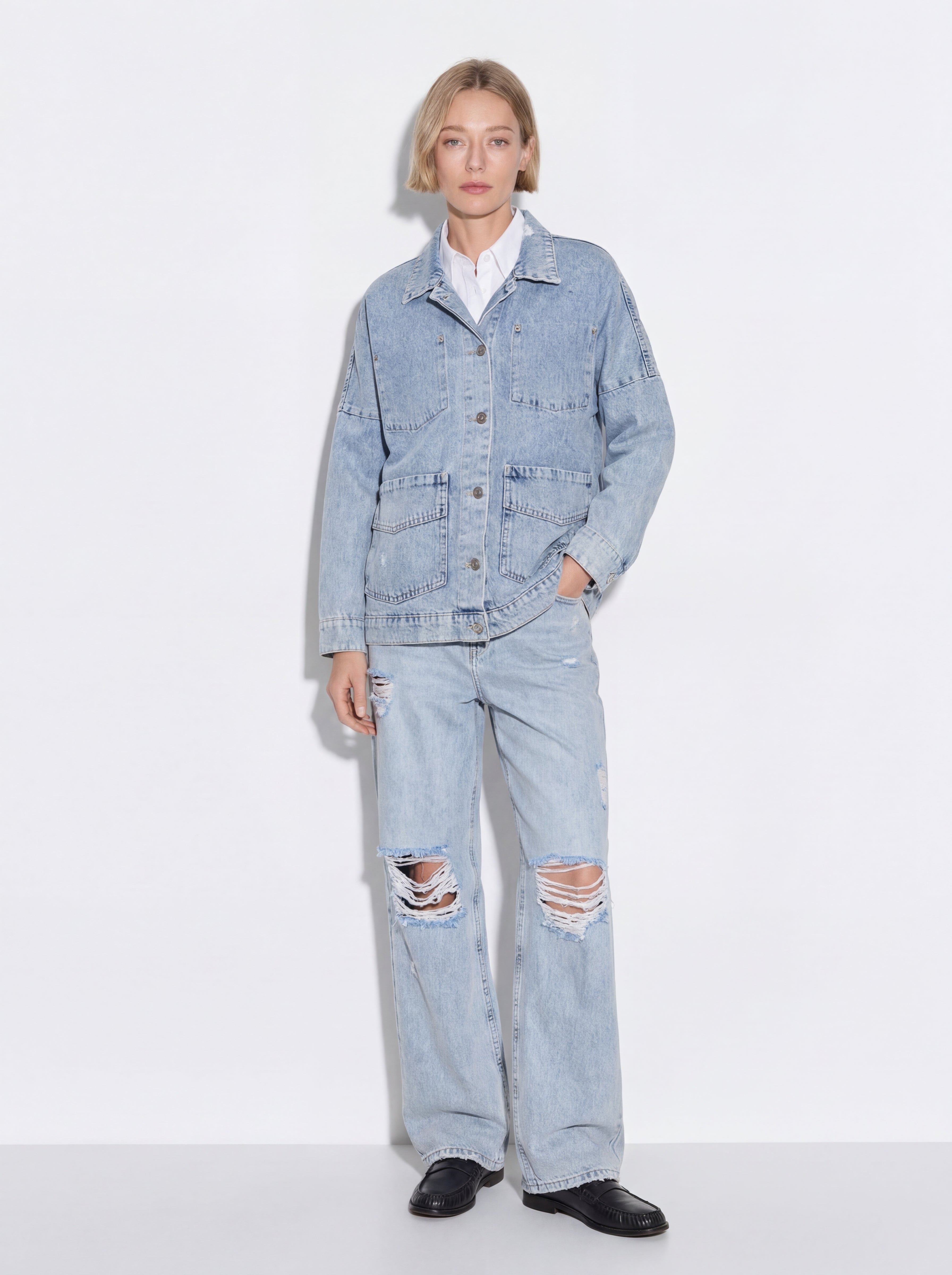 STRAIGHT FIT HIGH WAIST WIDE LEG RIPPED JEANS