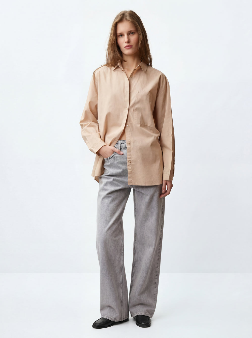 KLASIK YAKA OVERSIZE CEPLI GOMLEK BEJ