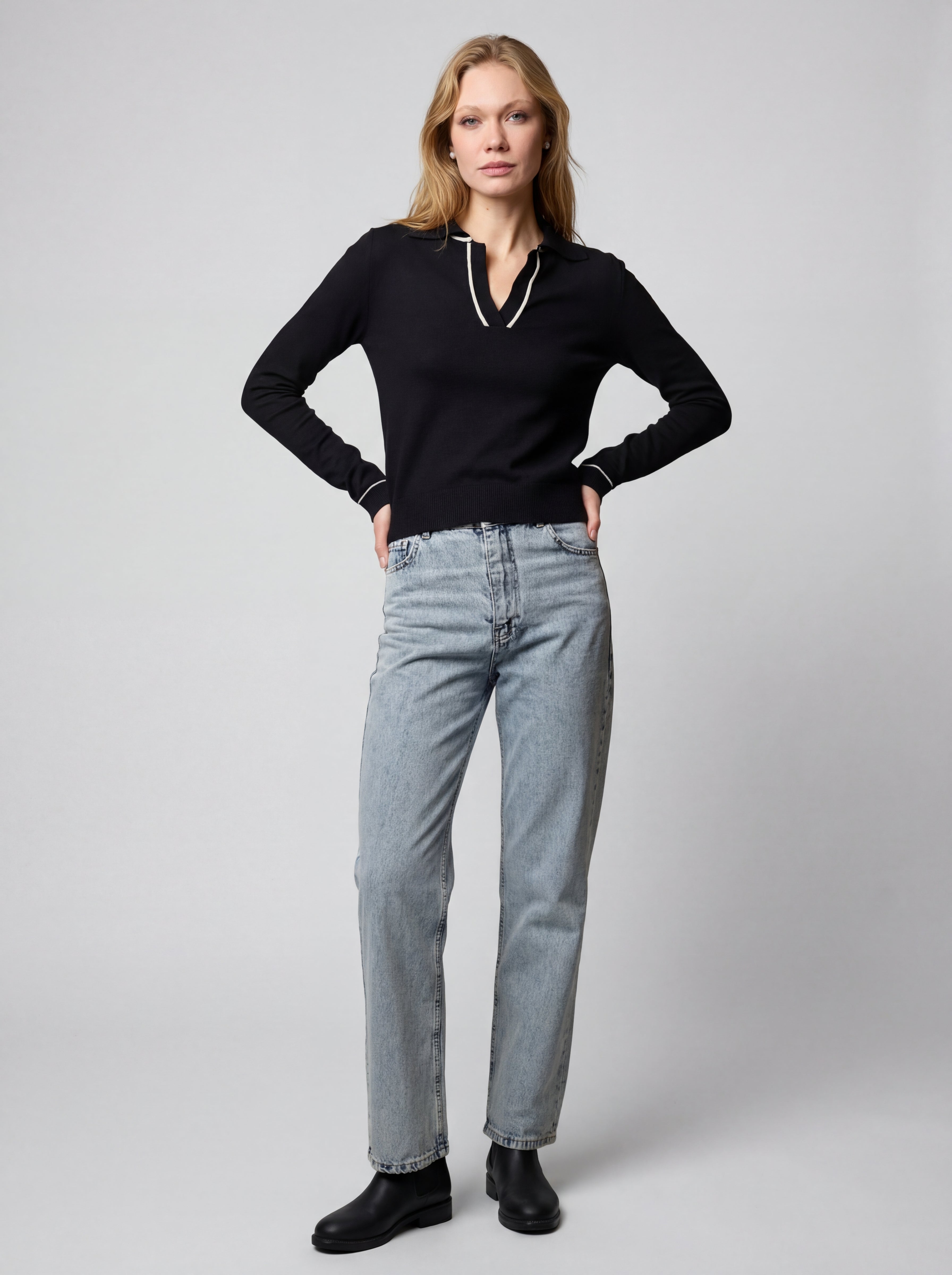 POLO COLLAR SOFT TEXTURED KNITWEAR BLACK