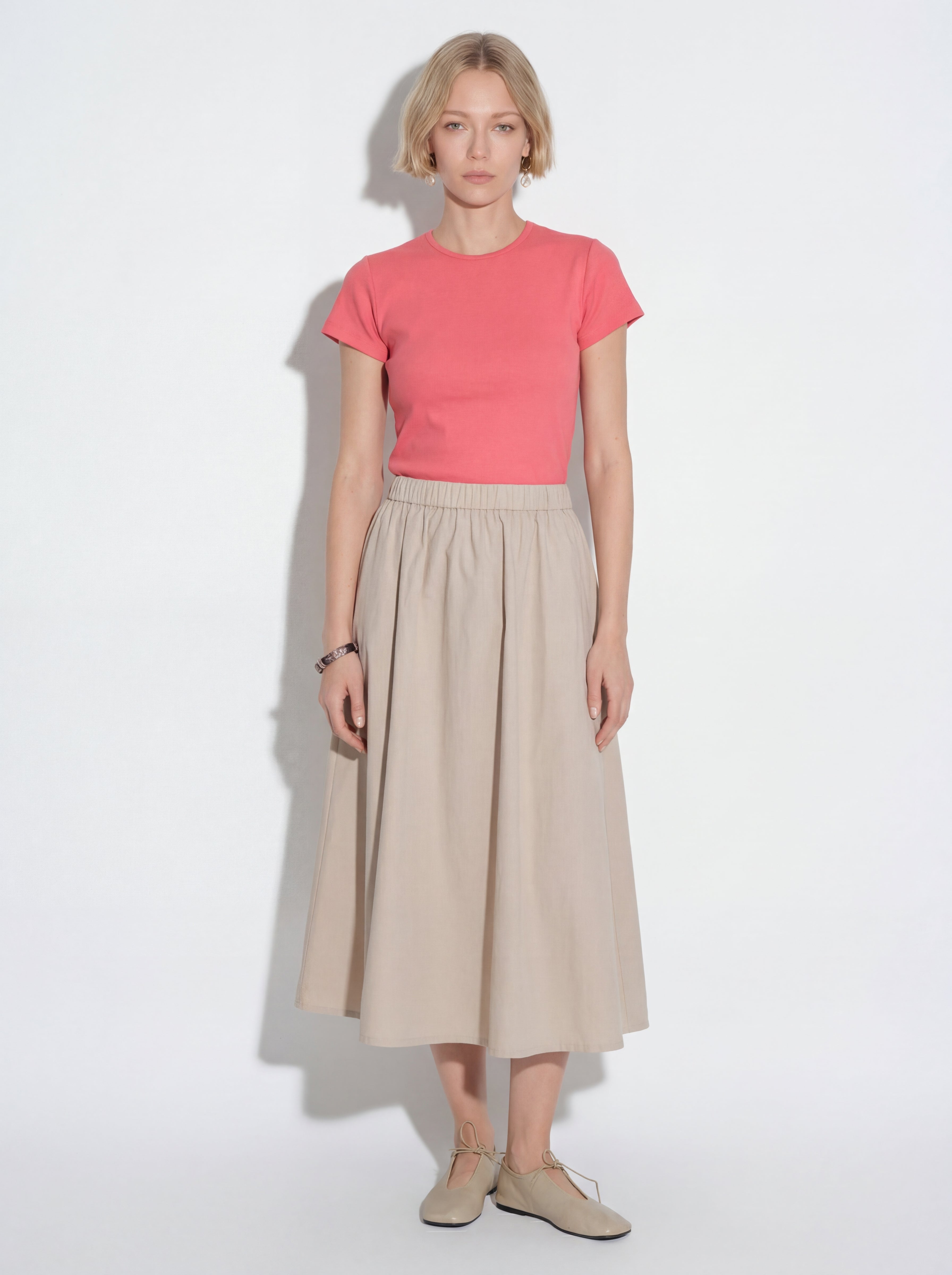 RUBBLED SHORT SLEEVE COTTON T-SHIRT ROUGE