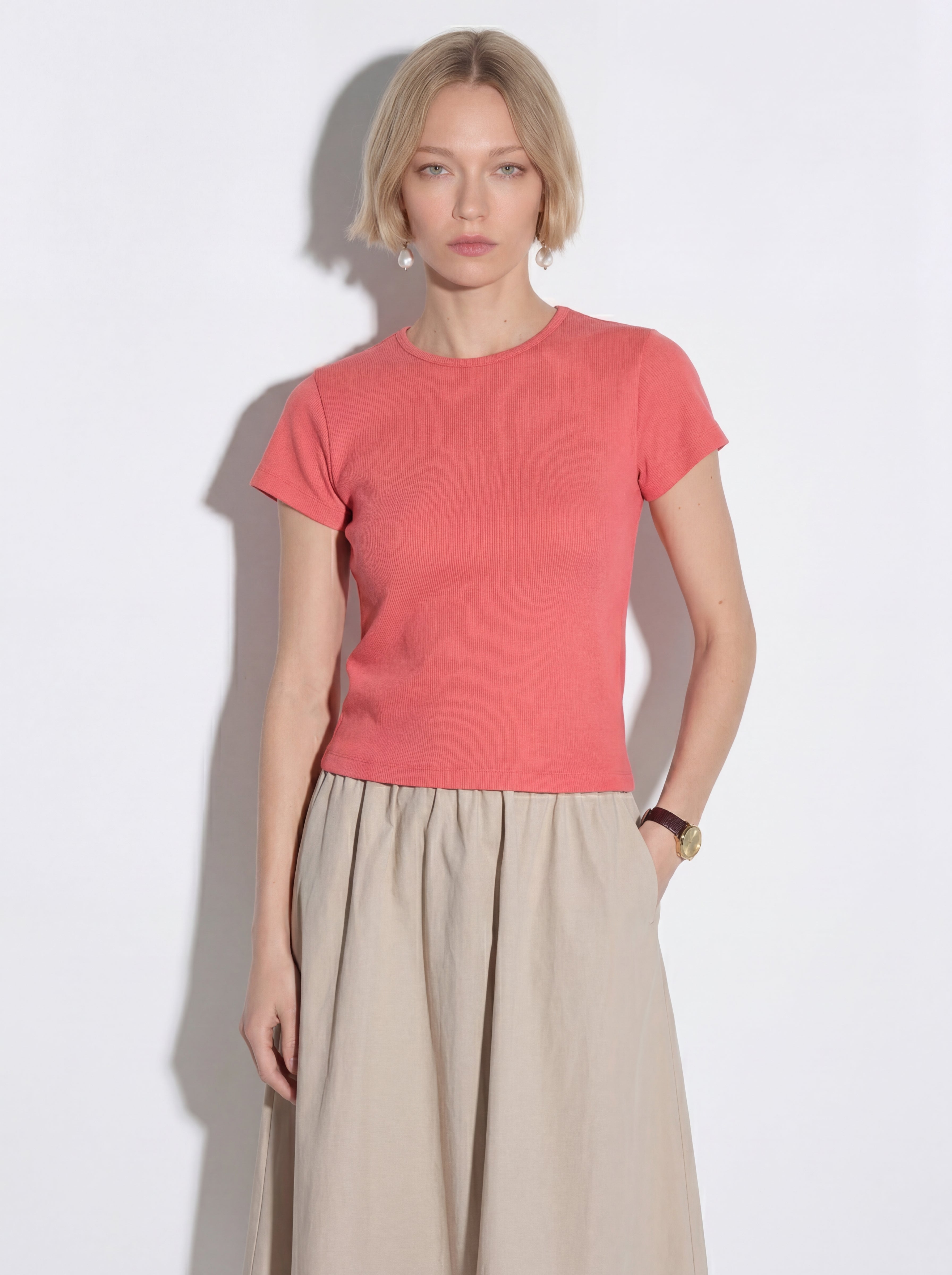 FITILLI KISA KOLLU PAMUK T-SHIRT ROUGE