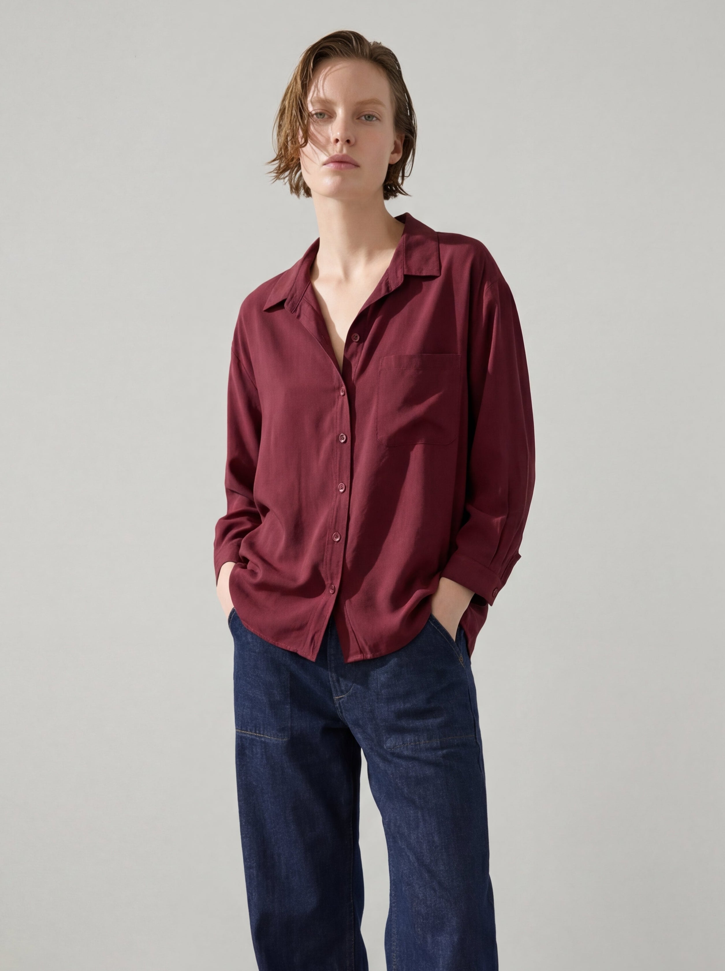 DOKUMLU CEPLI TENCEL GOMLEK CHERRY