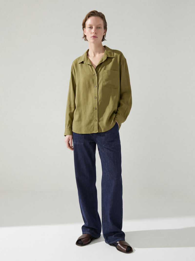 DOKUMLU CEPLI TENCEL GOMLEK OLIVE