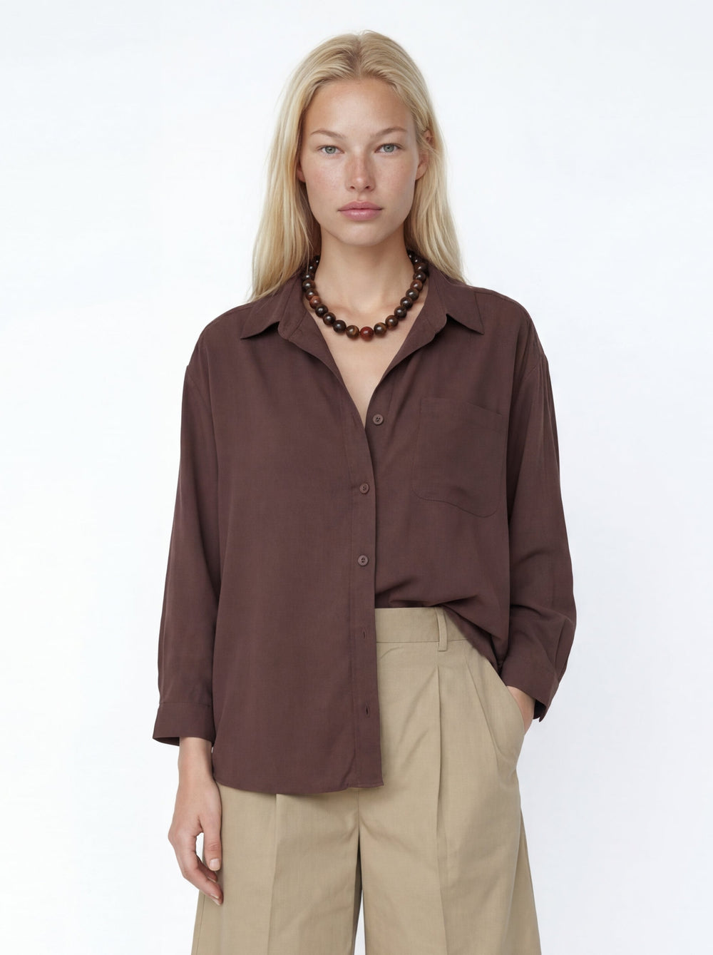 DOKUMLU CEPLI TENSEL GOMLEK KAHVE