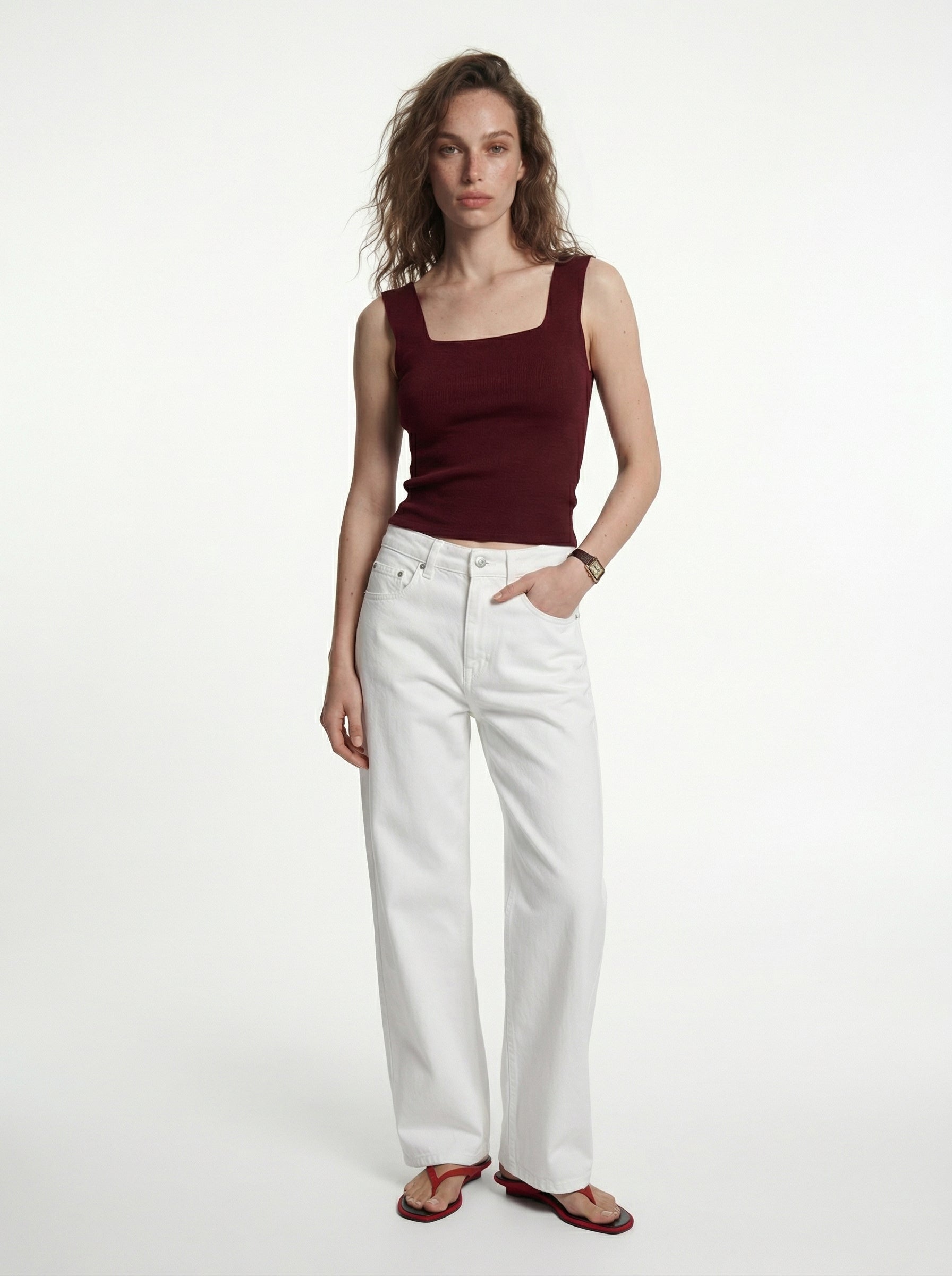 SQUARE COLLAR KNITWEAR BLOUSE CLARET RED