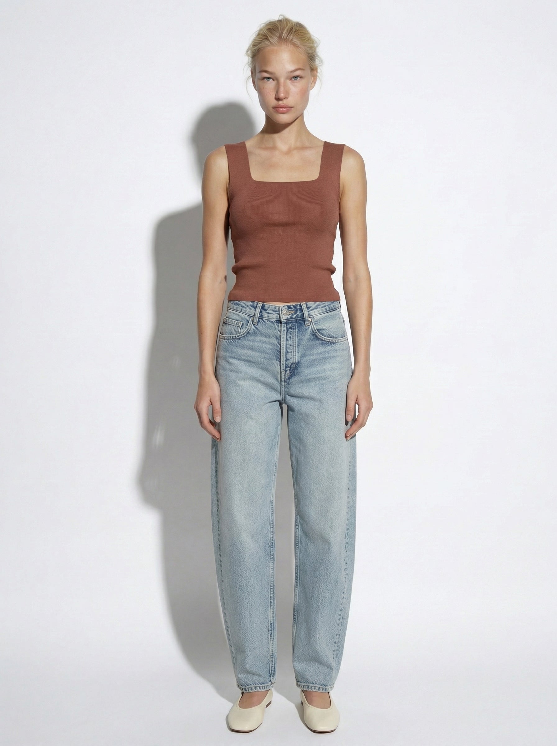 SQUARE COLLAR KNITWEAR BLOUSE CINNAMON