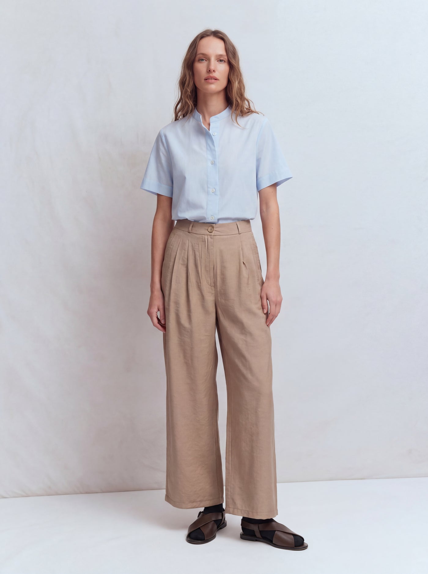 DOUBLE PLEATED FLOWING PALAZZO TROUSERS BEIGE