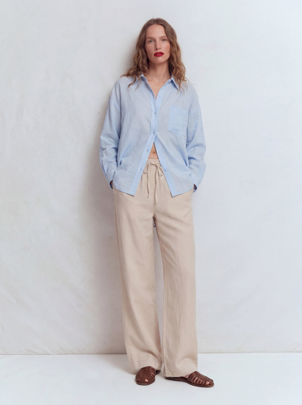 MODAL ELASTIK BEL BANTLI GENIS PACA PANTOLON KREM