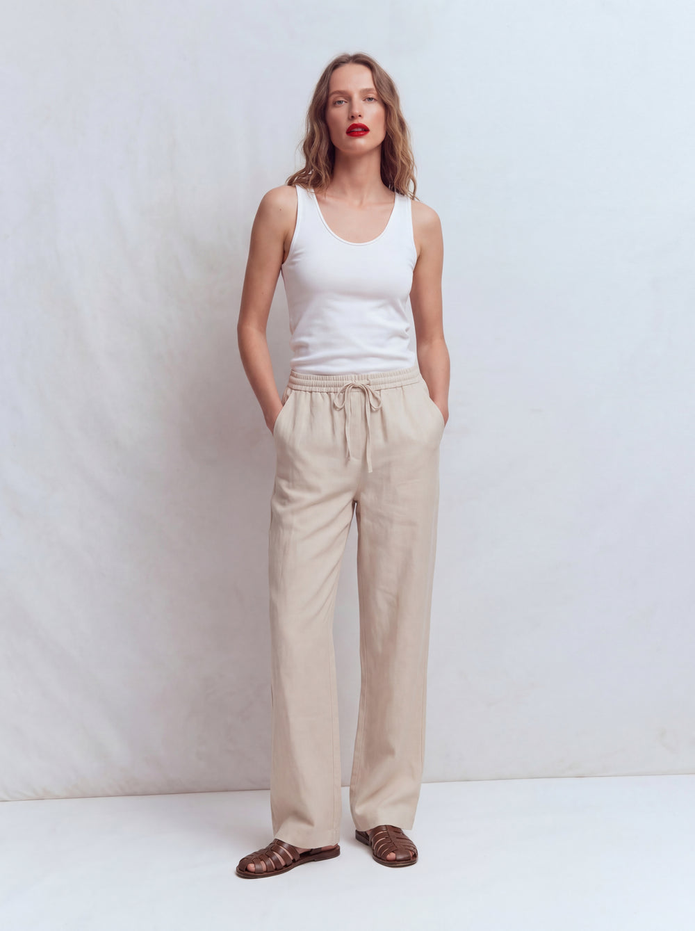 MODAL ELASTIK BEL BANTLI GENIS PACA PANTOLON KREM