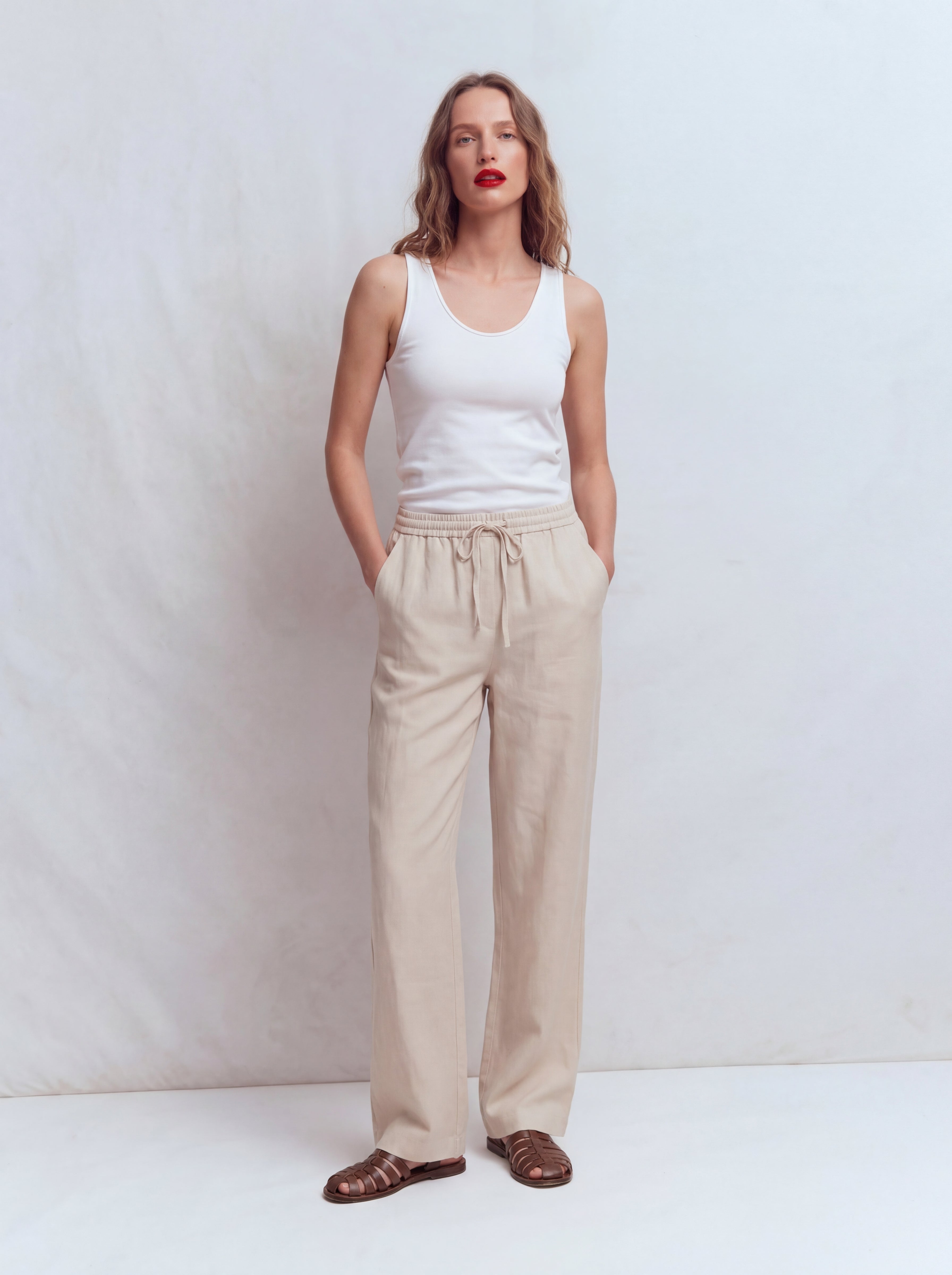 MODAL ELASTIC WAIST BAND WIDE LEGS PANTS CREAM