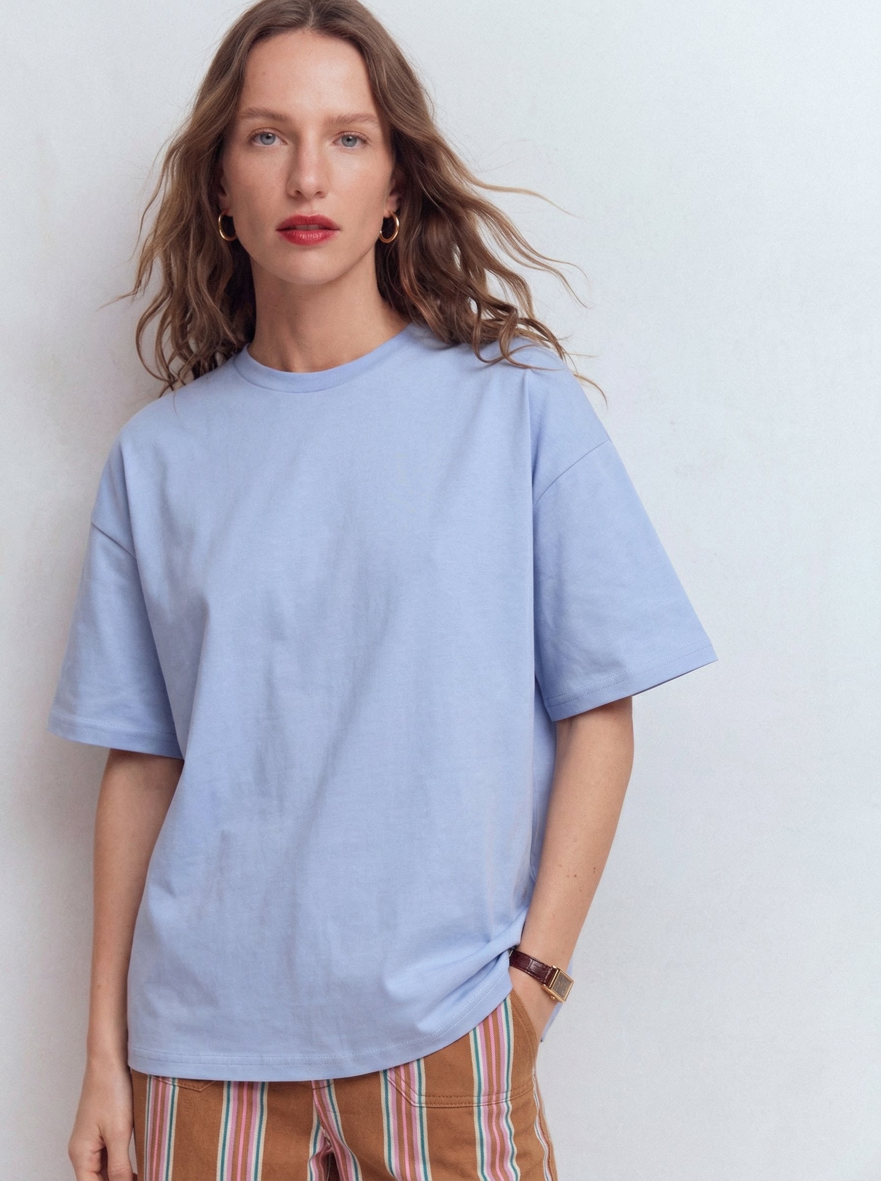 OVERSIZE KISA KOLLU PAMUK T-SHIRT BABY BLUE