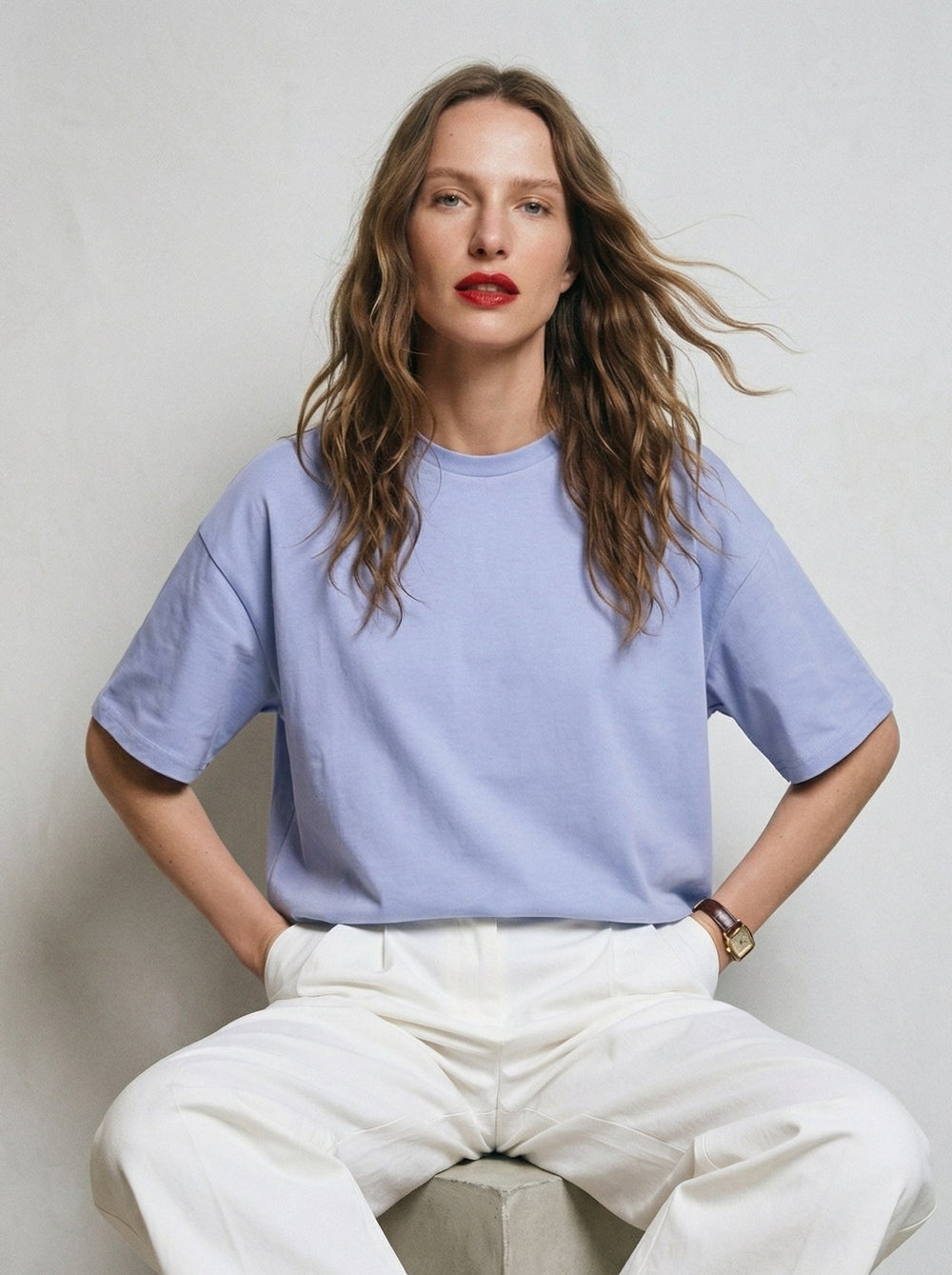 OVERSIZE KISA KOLLU PAMUK T-SHIRT BABY BLUE