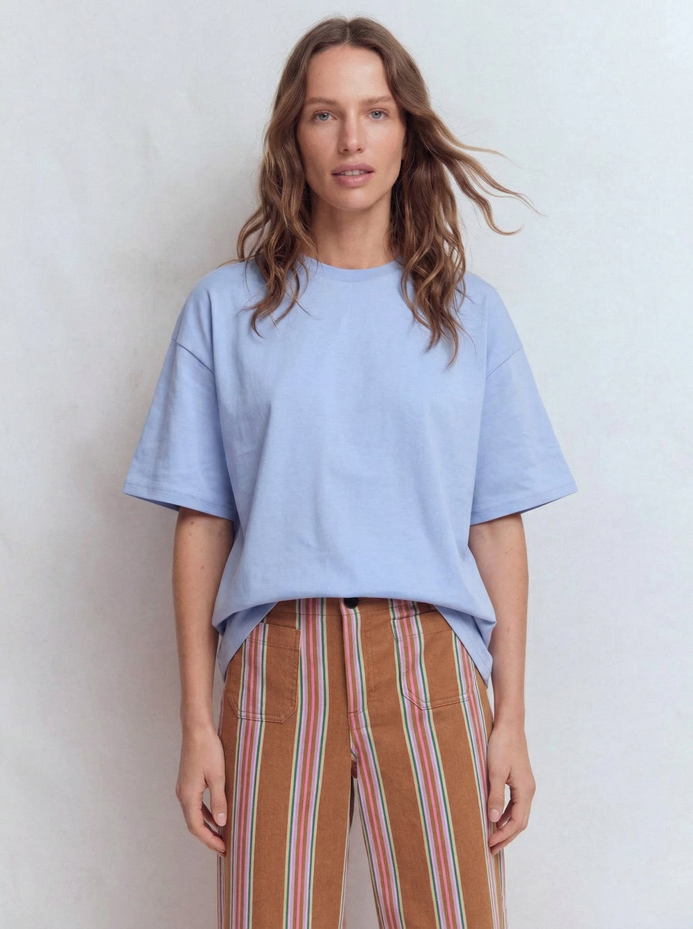 OVERSIZE KISA KOLLU PAMUK T-SHIRT BABY BLUE