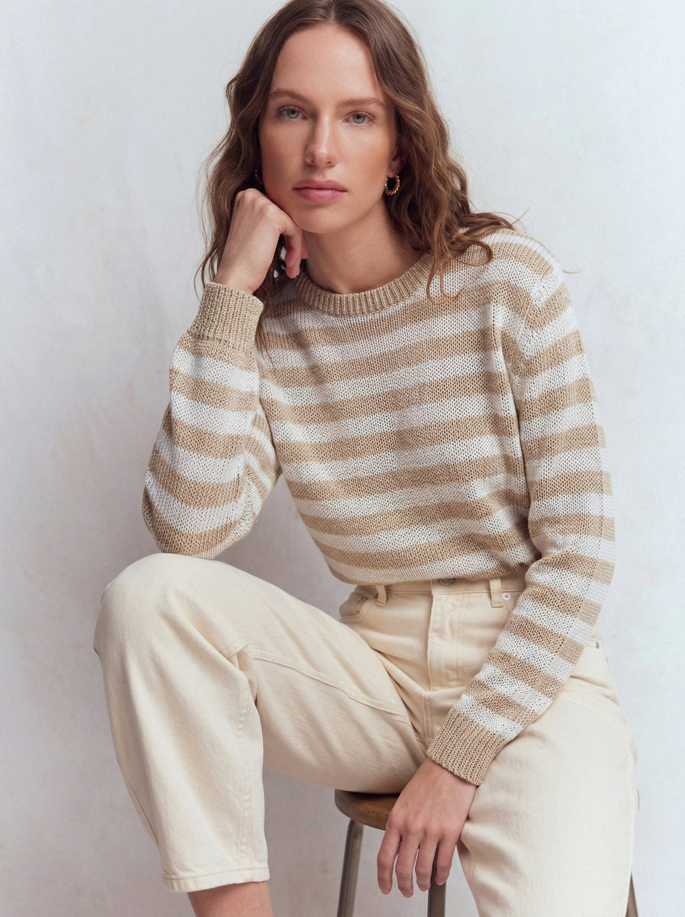 CIZGILI BISIKLET YAKA TRIKO BEJ