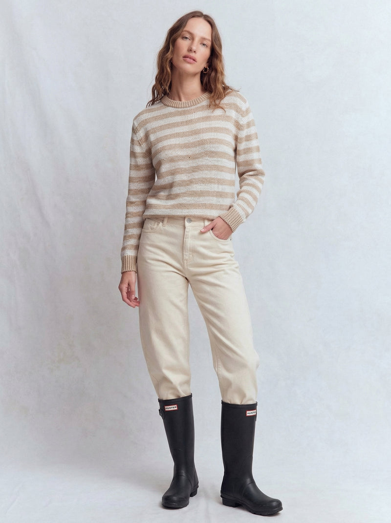 CIZGILI BISIKLET YAKA TRIKO BEJ