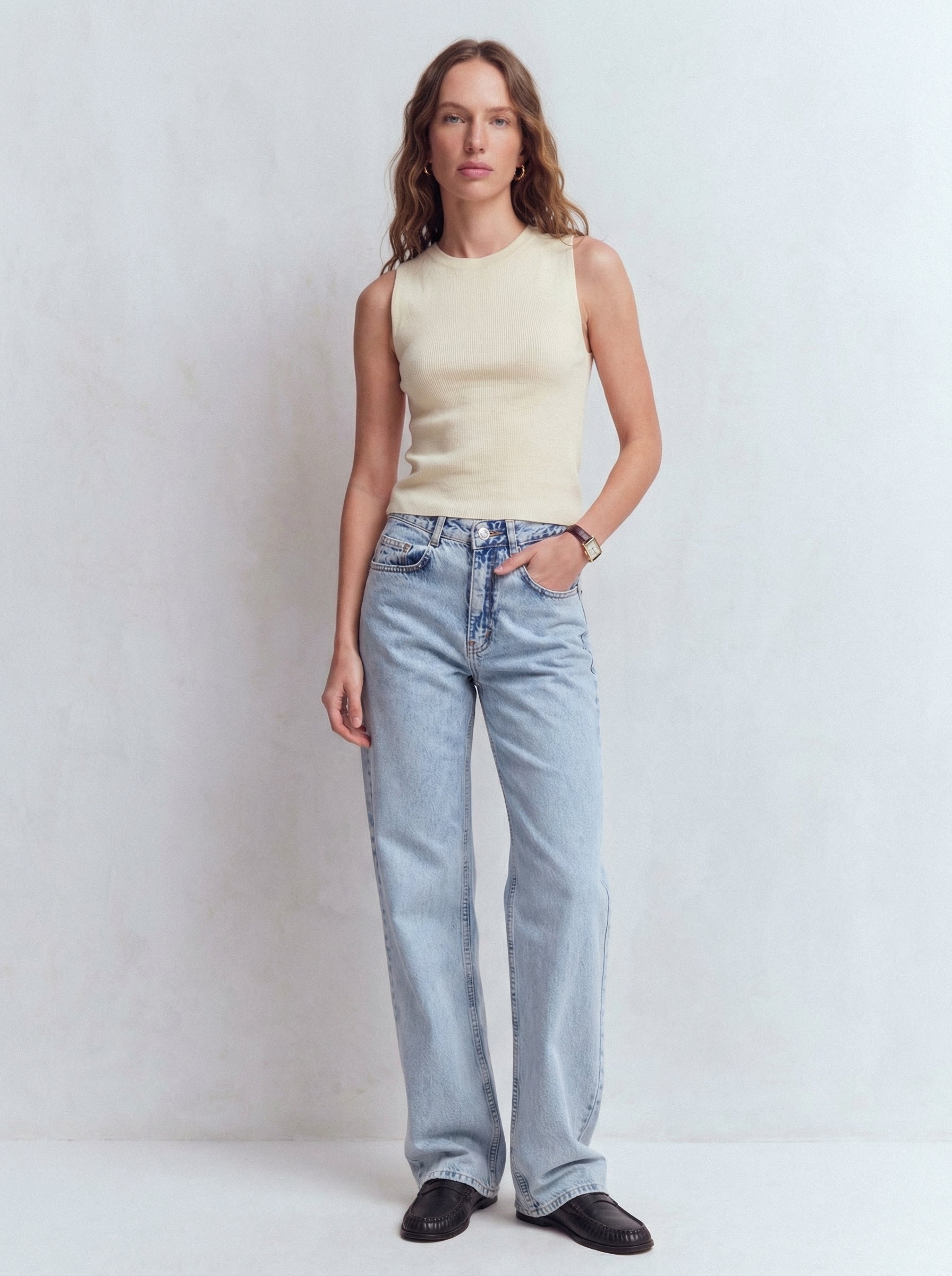 STRAIGHT FIT HIGH WAIST PIECE LEG JEANS LIGHT BLUE