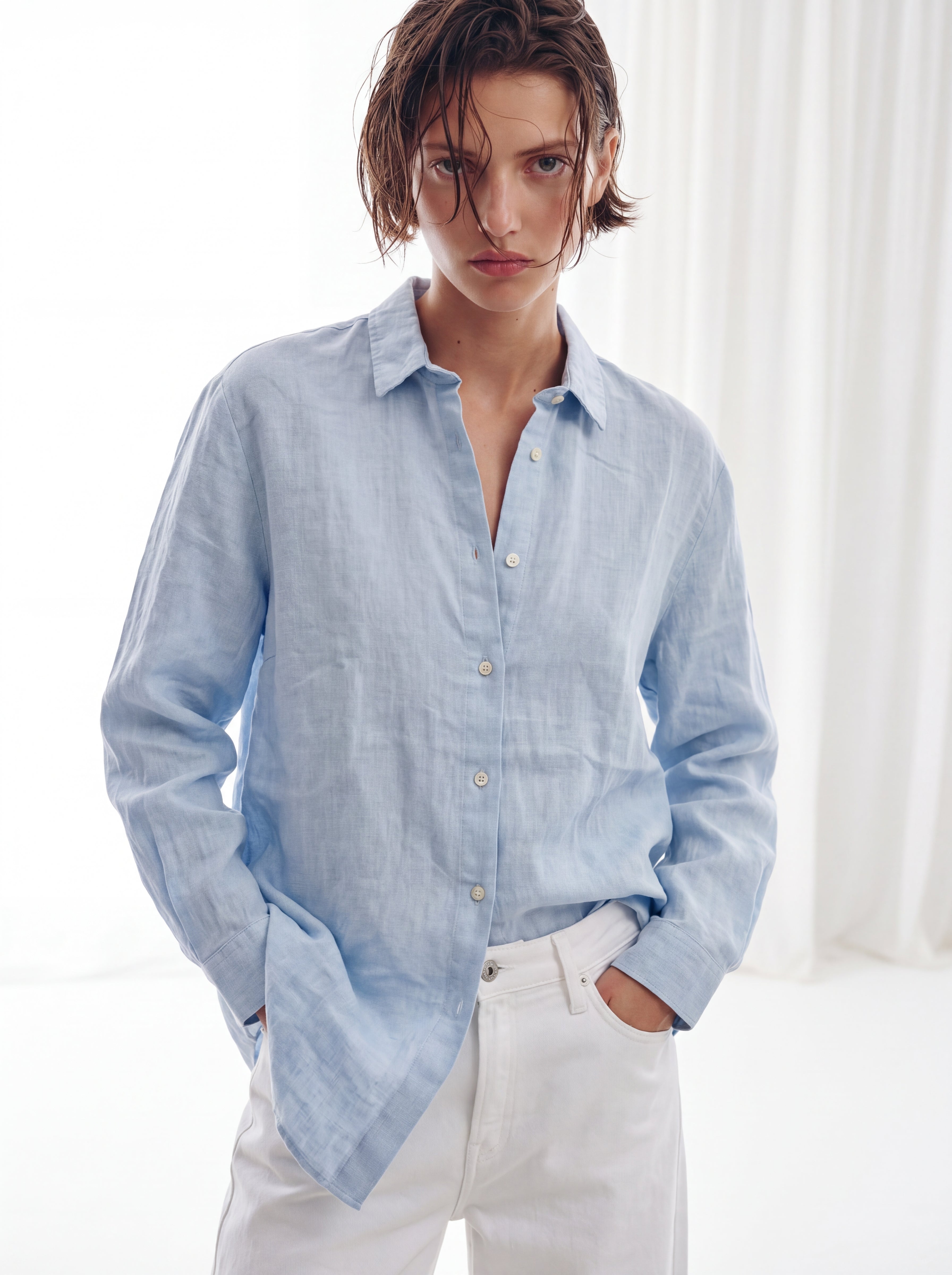 DOKUMLU %100 YIKANMIS KETEN GOMLEK MAVI