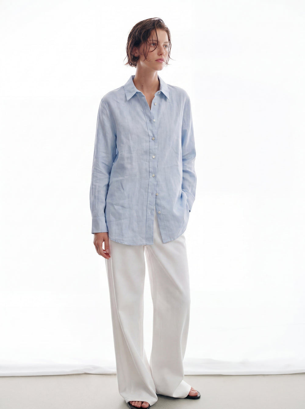 DOKUMLU %100 YIKANMIS KETEN GOMLEK MAVI