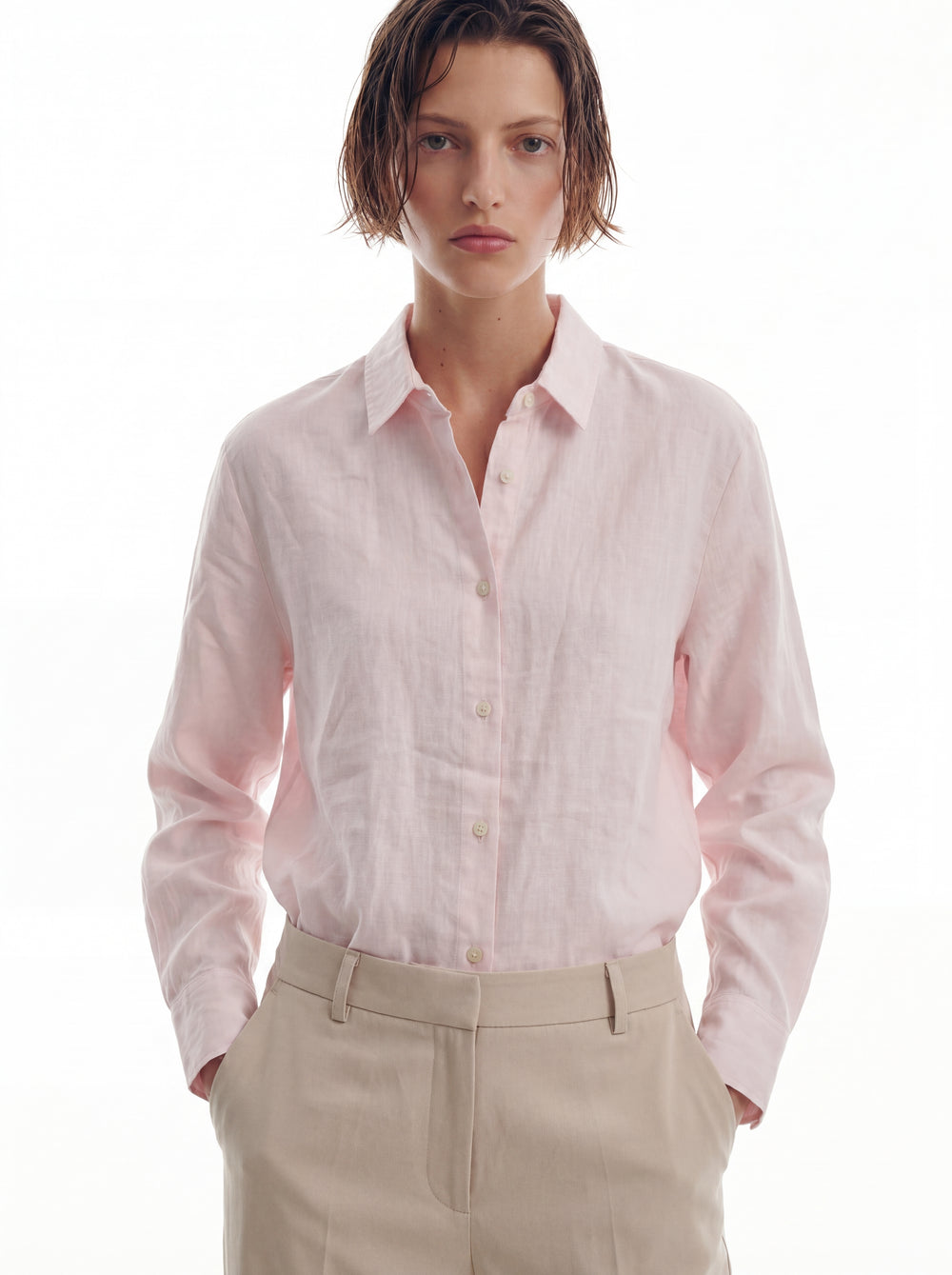 DOKUMLU %100 YIKANMIS KETEN GOMLEK PEMBE