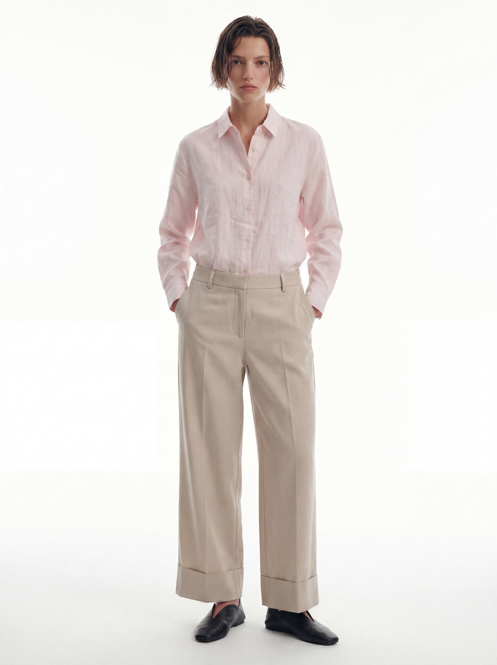 DOKUMLU %100 YIKANMIS KETEN GOMLEK PEMBE