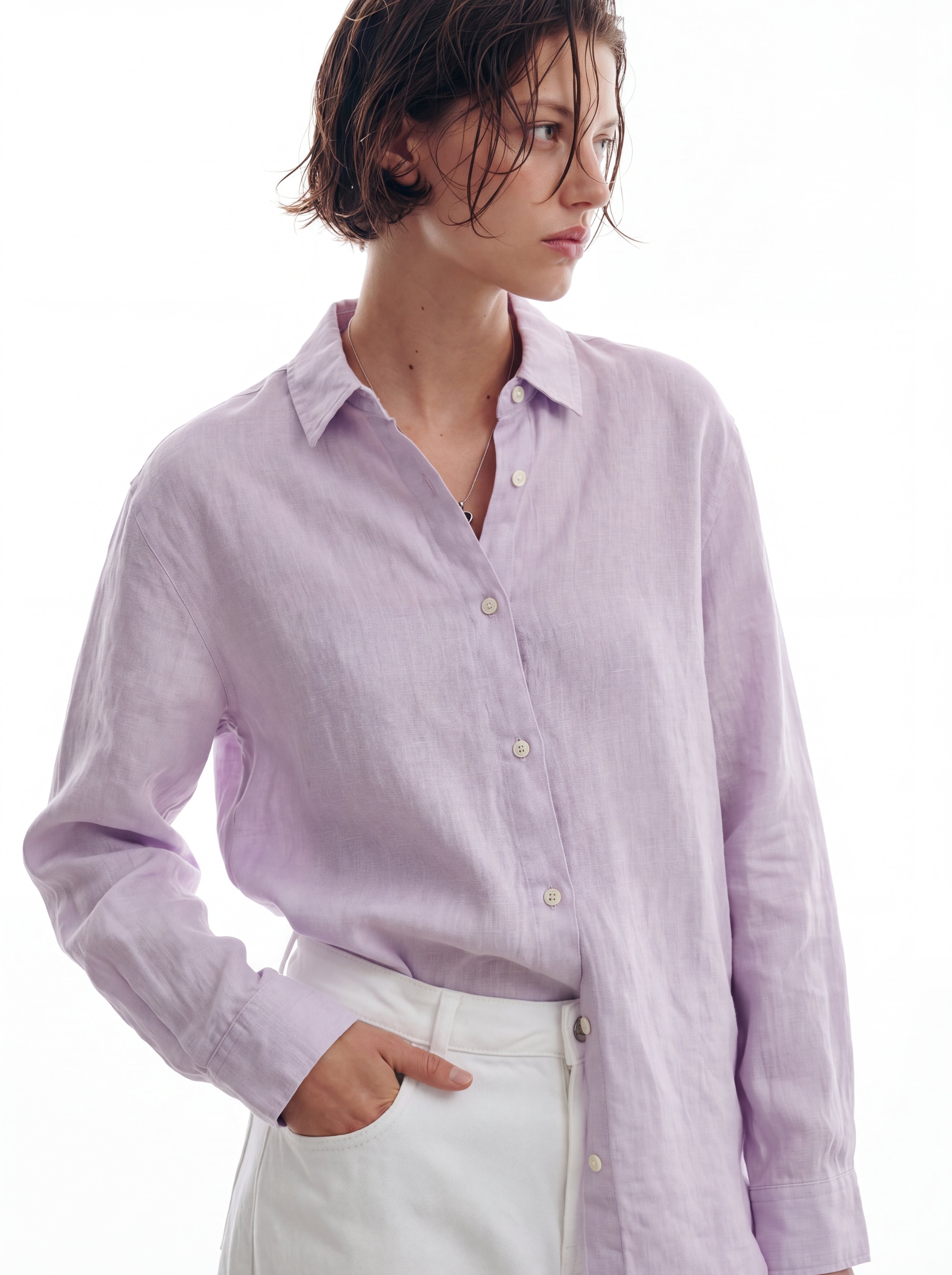 DOKUMLU %100 YIKANMIS KETEN GOMLEK LILA