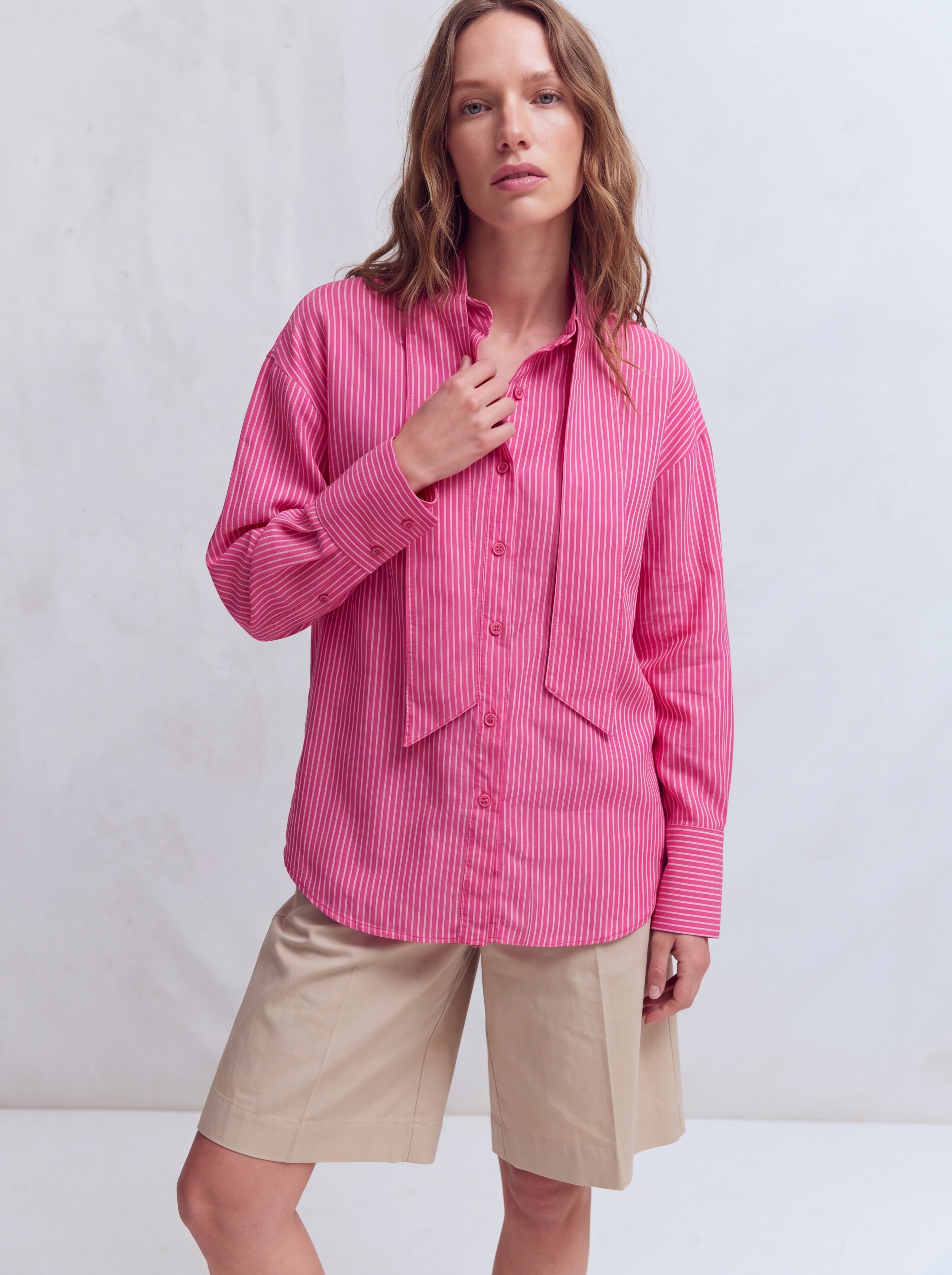 YAKA DETAYLI CIZGILI POPLIN GOMLEK CHERRY