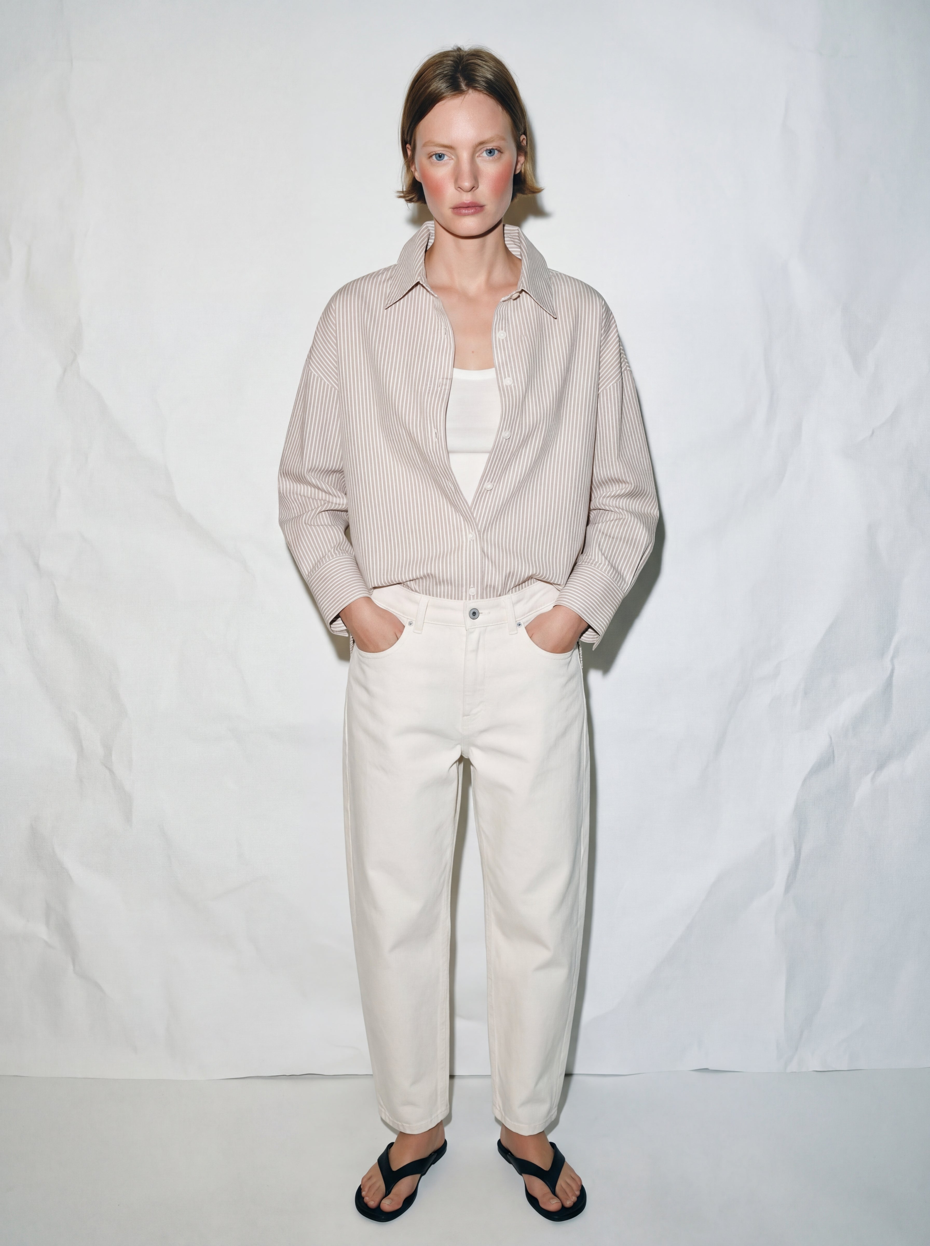 KLASIK YAKA OVERSIZE CIZGILI POPLIN GOMLEK BEIGE