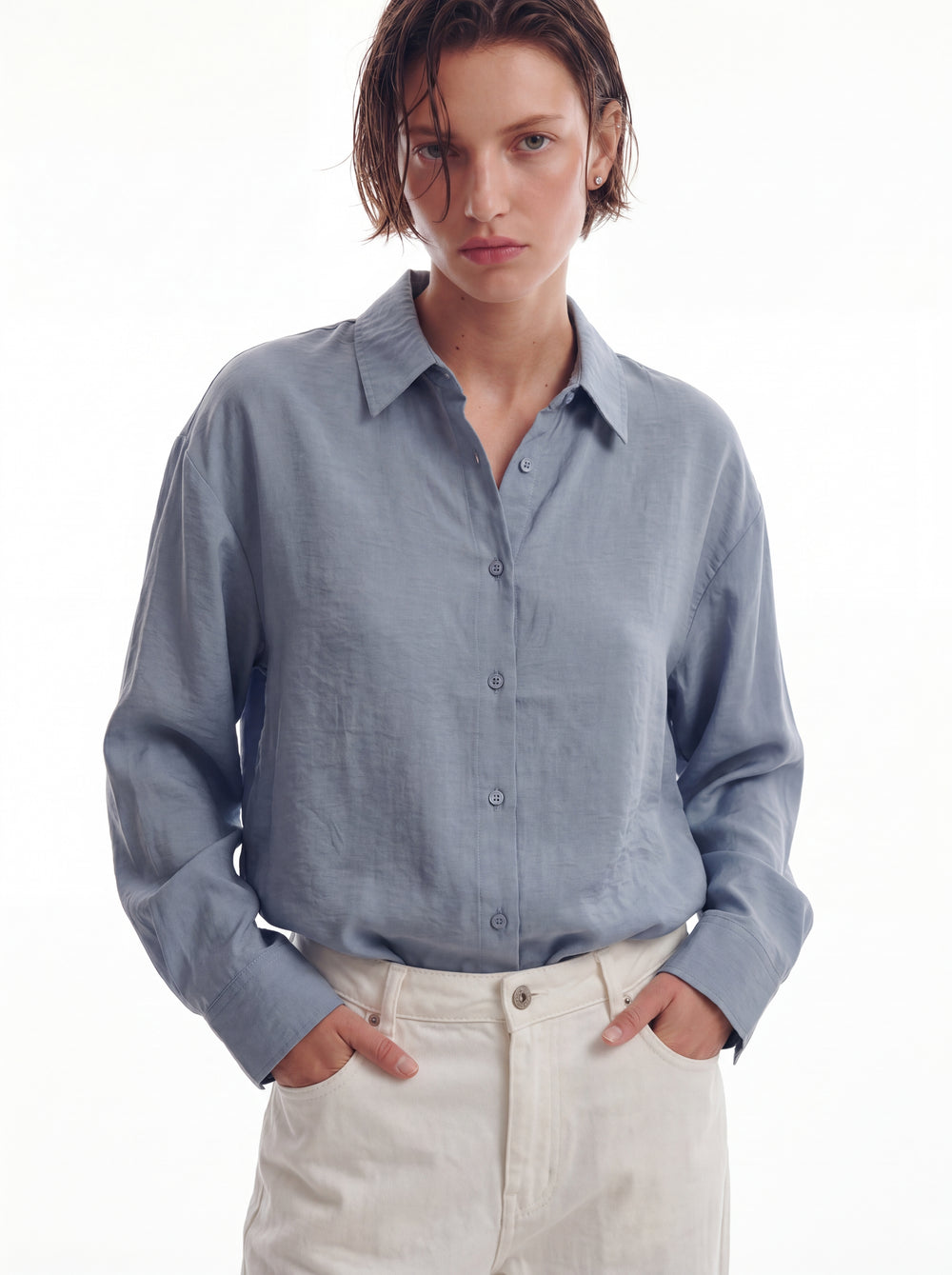 DOKUMLU TENSEL GOMLEK MAVI