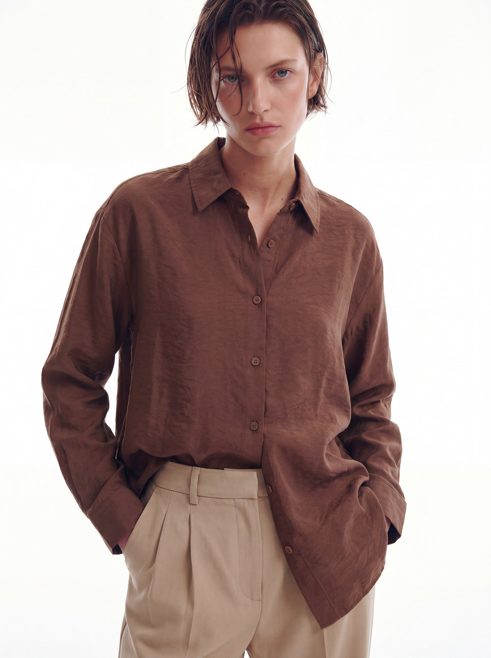 DOKUMLU TENCEL GOMLEK AMBER CAMEL