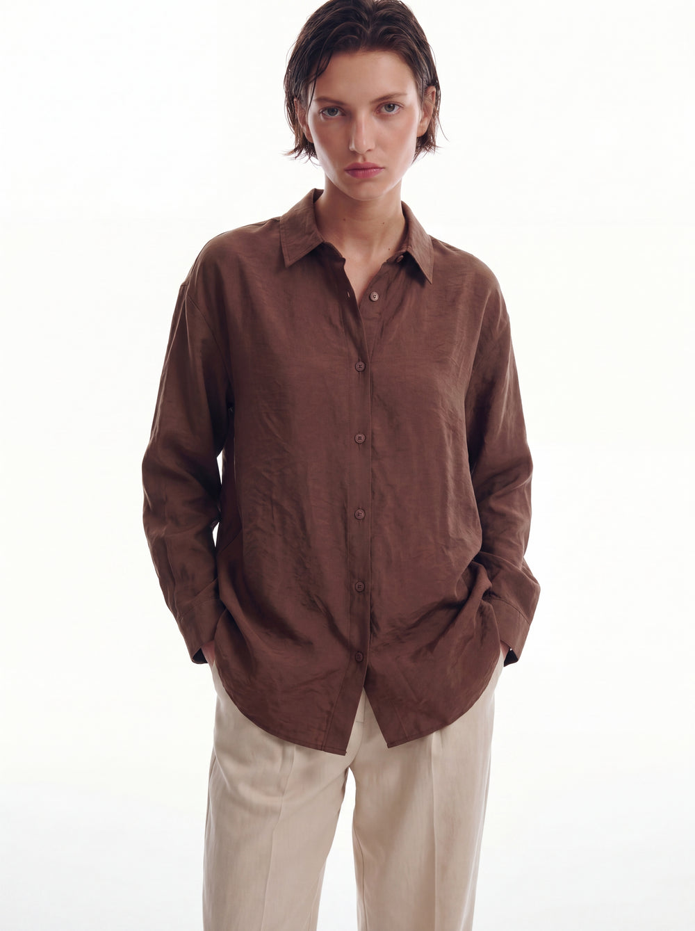 DOKUMLU TENCEL GOMLEK AMBER CAMEL