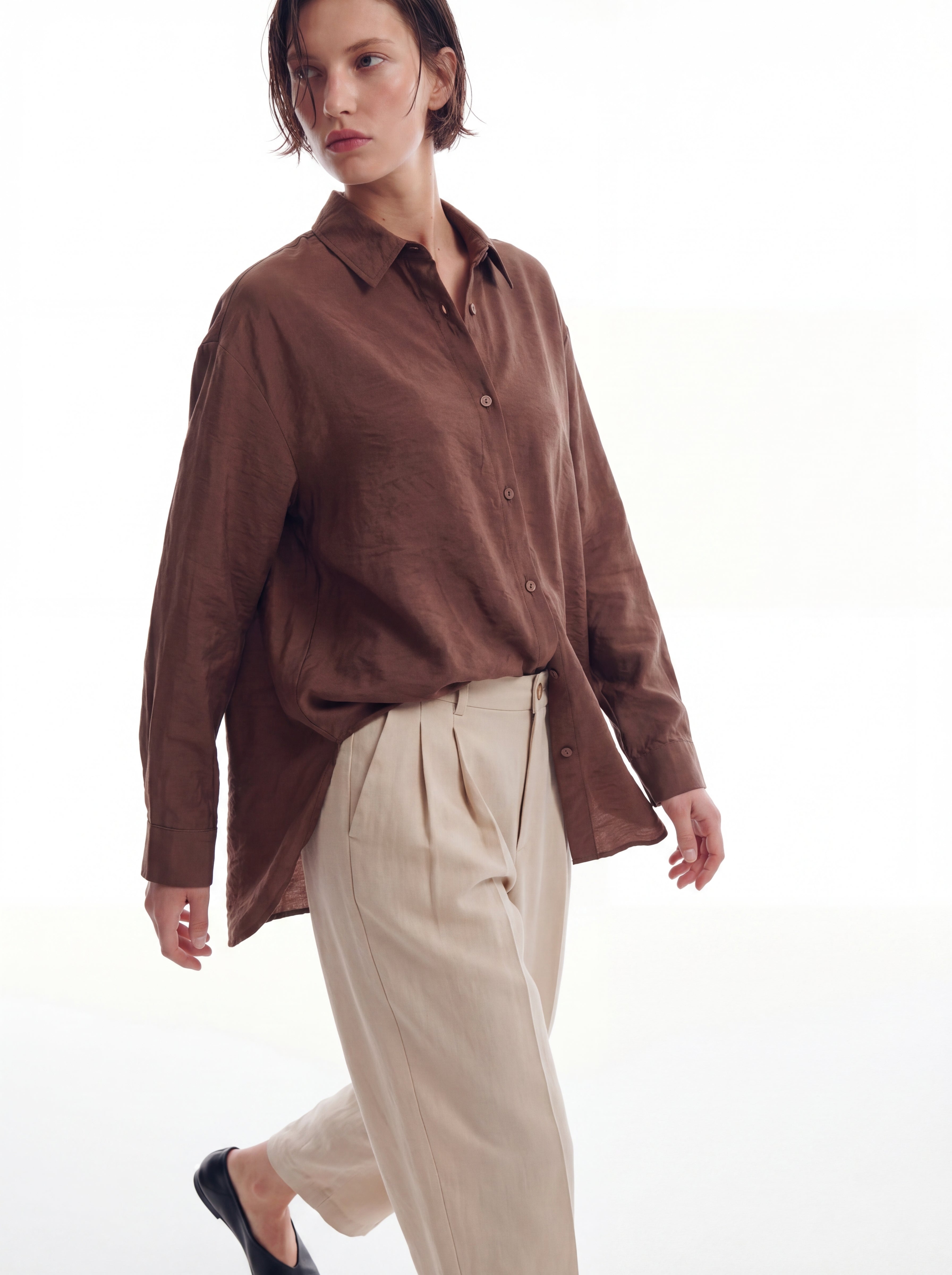 DOKUMLU TENCEL GOMLEK AMBER CAMEL